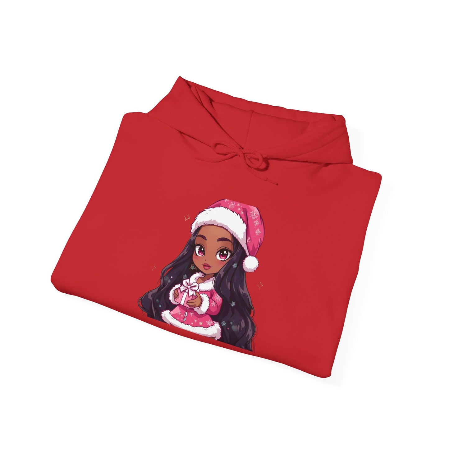 Christmas Girl Hoodie — Cute Black Girl Santa with Gift Holiday Sweatshirt/