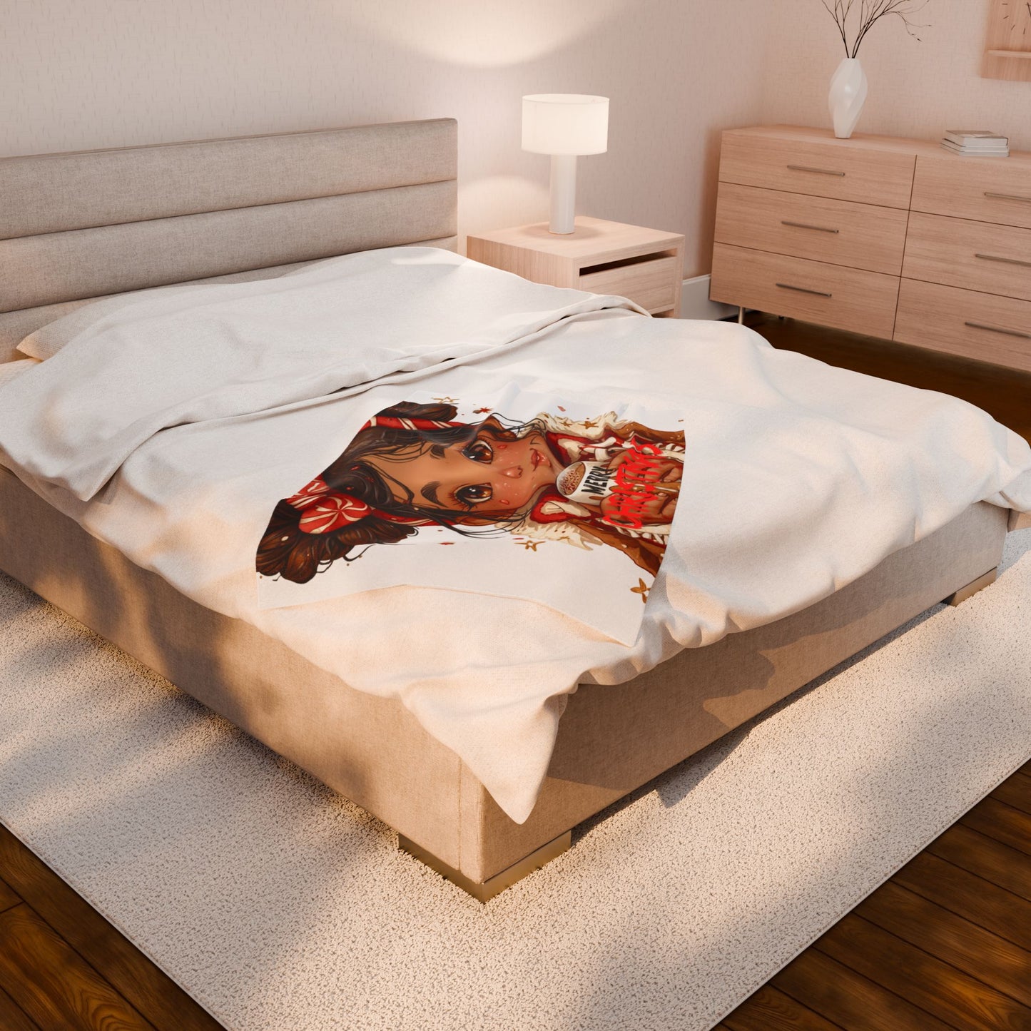 Holiday Plush Blanket ‘Merry Christmas’ Velveteen Throw(White)