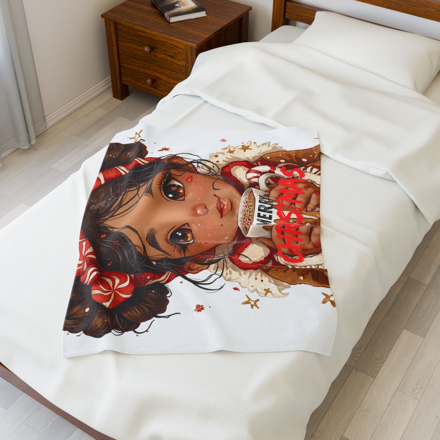 Holiday Plush Blanket ‘Merry Christmas’ Velveteen Throw(White)