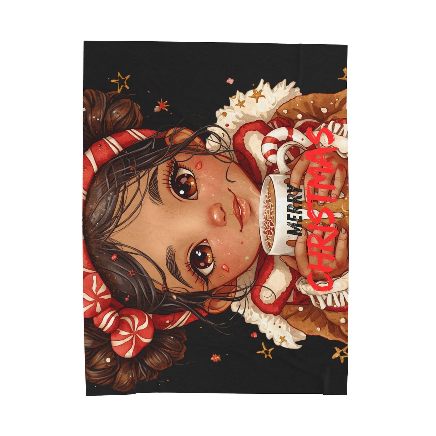 Holiday Plush Blanket — Cute Girl Holding ‘Merry Christmas’ Cocoa Velveteen Throw
