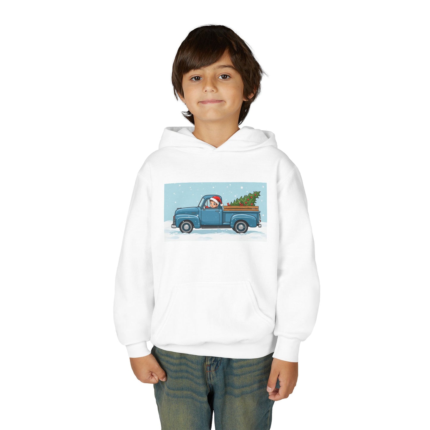 Kids Christmas Truck Hoodie — Santa Driving Blue Pickup with Tree Holiday Sweatshirt