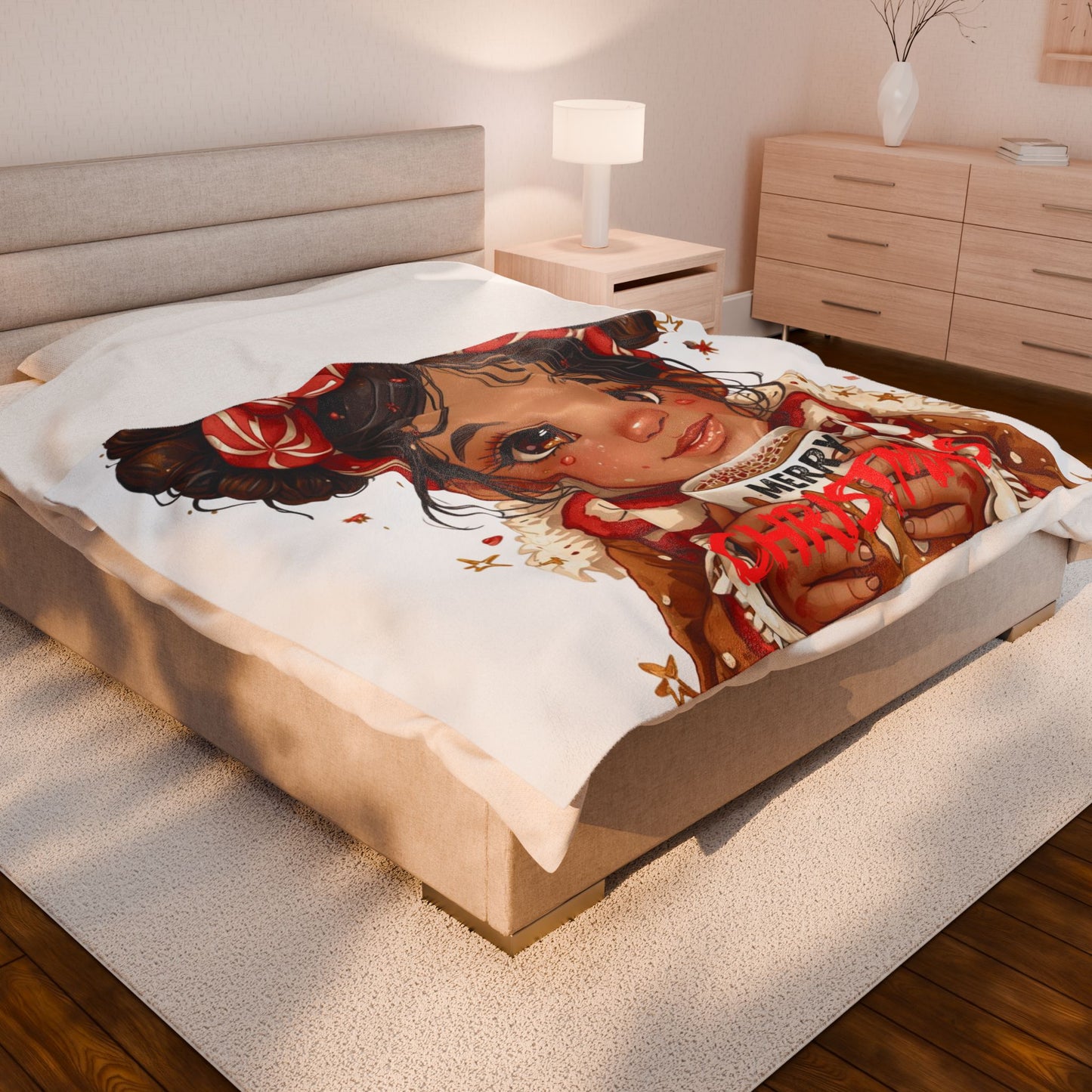 Holiday Plush Blanket ‘Merry Christmas’ Velveteen Throw(White)