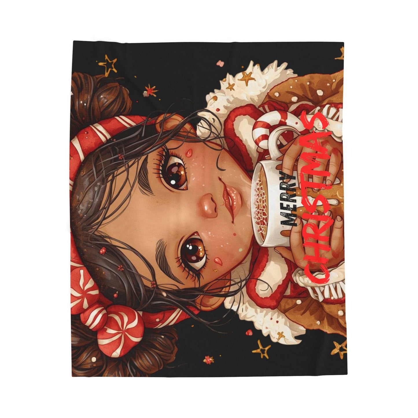 Holiday Plush Blanket — Cute Girl Holding ‘Merry Christmas’ Cocoa Velveteen Throw