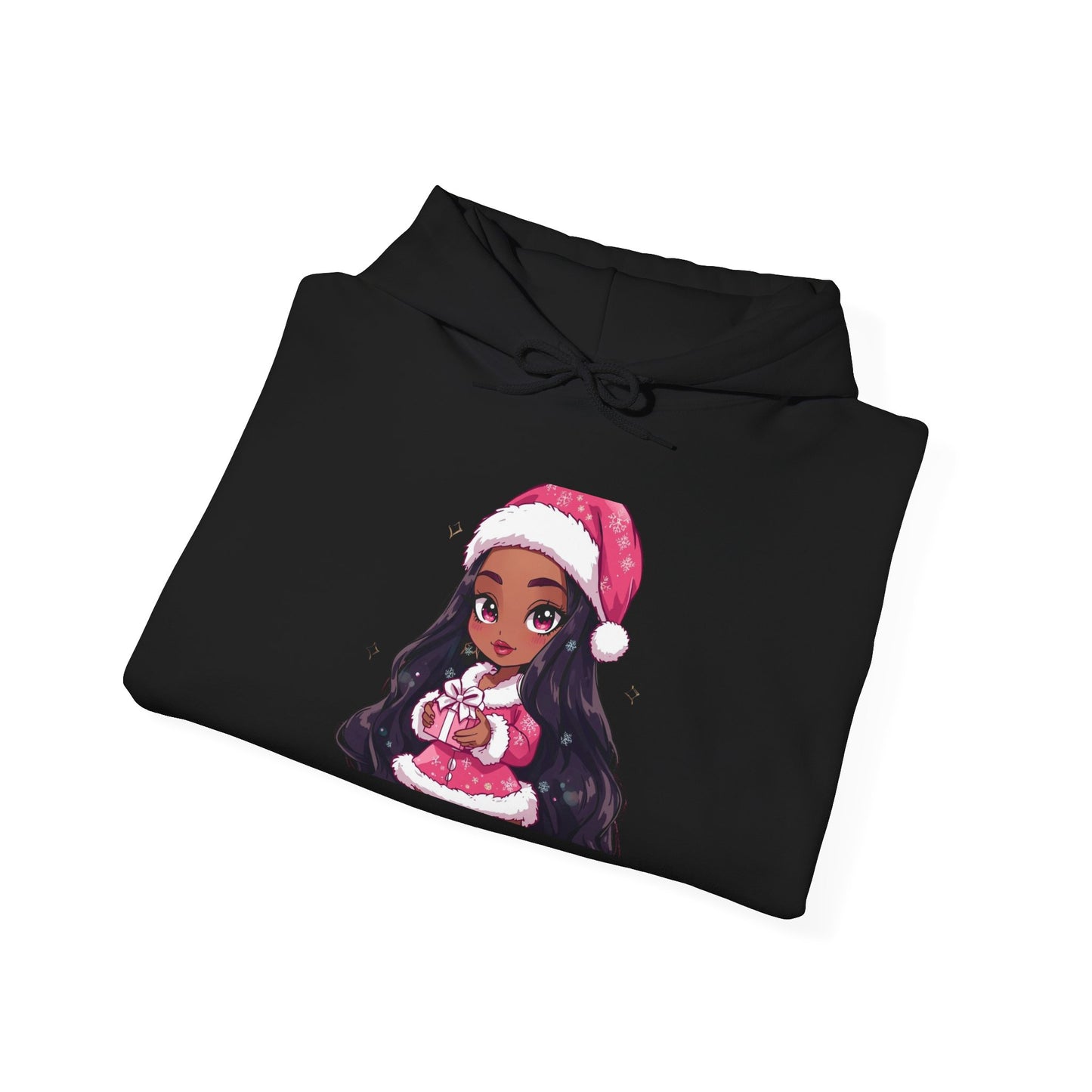 Christmas Girl Hoodie — Cute Black Girl Santa with Gift Holiday Sweatshirt/