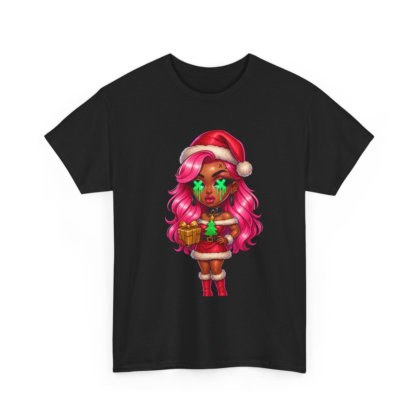 Black Santa Girl, T-Shirt | Christmas Pinup, Pink Hair, Holiday Cute