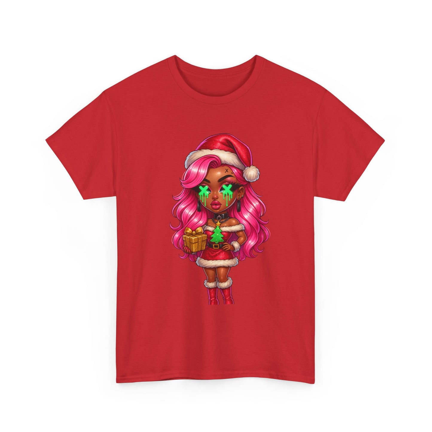Black Santa Girl, T-Shirt | Christmas Pinup, Pink Hair, Holiday Cute