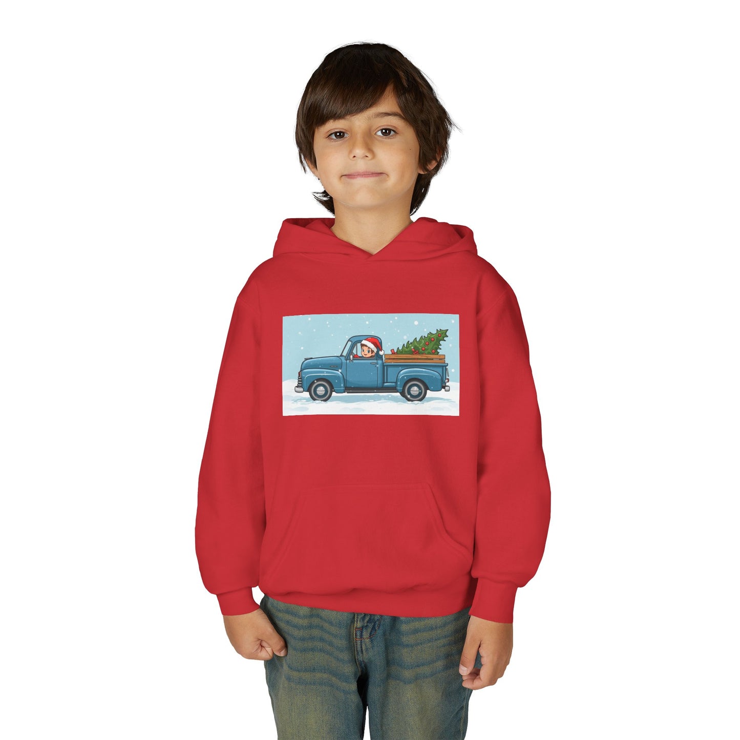Kids Christmas Truck Hoodie — Santa Driving Blue Pickup with Tree Holiday Sweatshirt