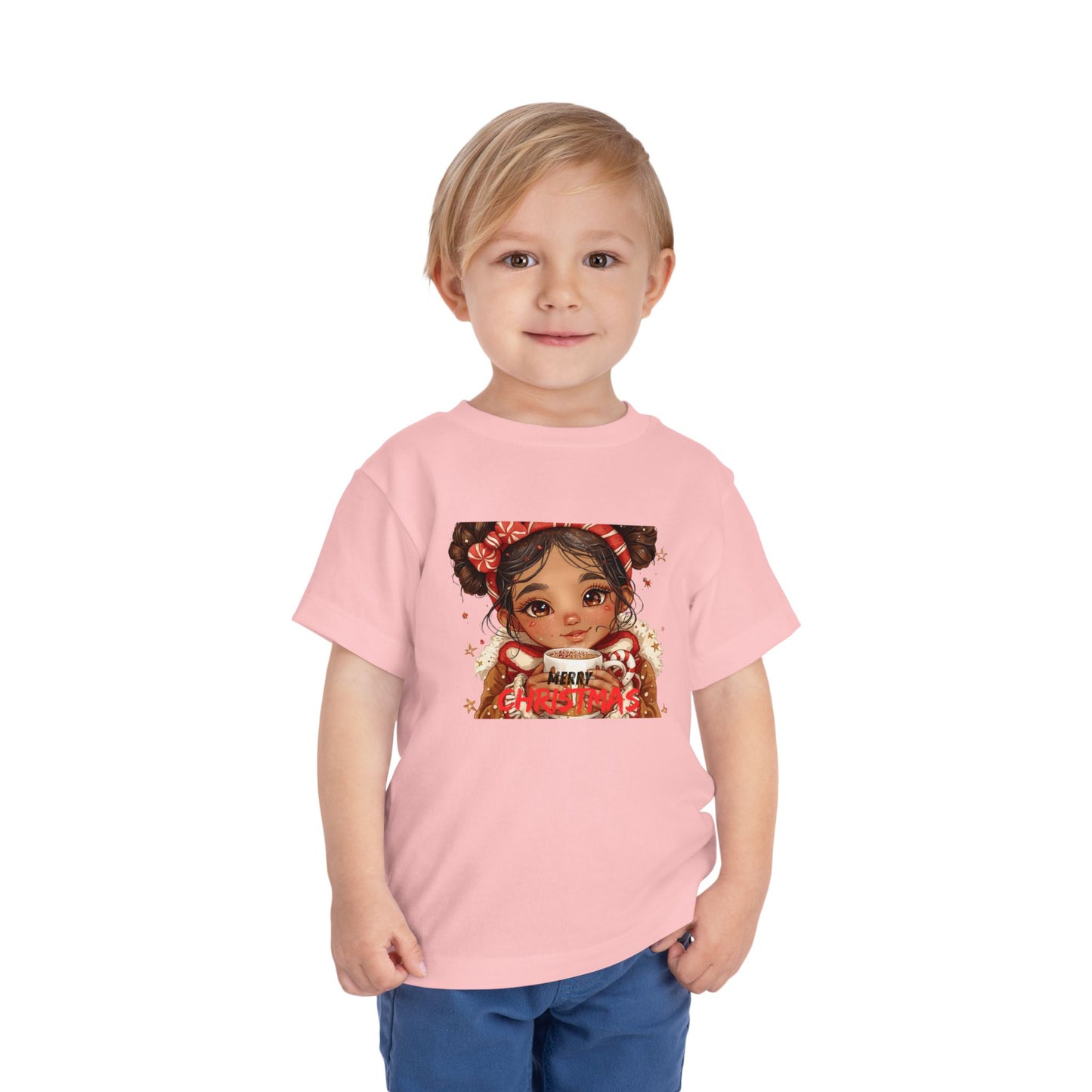 Toddler Tee — Cute Girl Holding Hot Cocoa Illustration (Holiday Cozy Kids Shirt)