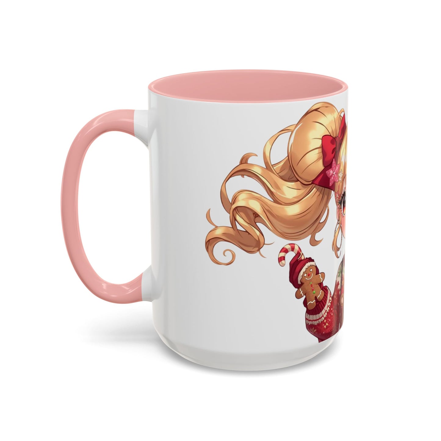 Cute Anime Girl Christmas Accent Coffee Mug — Holiday Sweater & Reindeer (11/15oz)