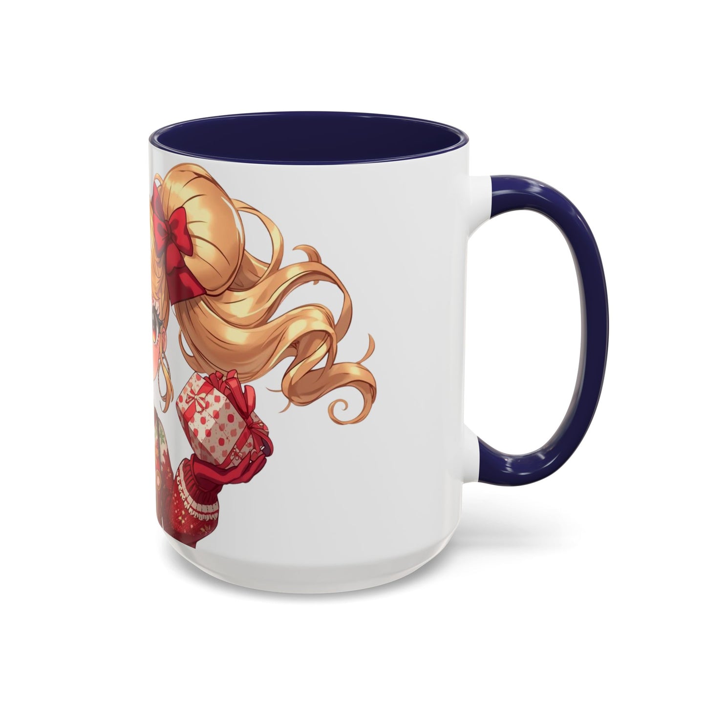 Cute Anime Girl Christmas Accent Coffee Mug — Holiday Sweater & Reindeer (11/15oz)