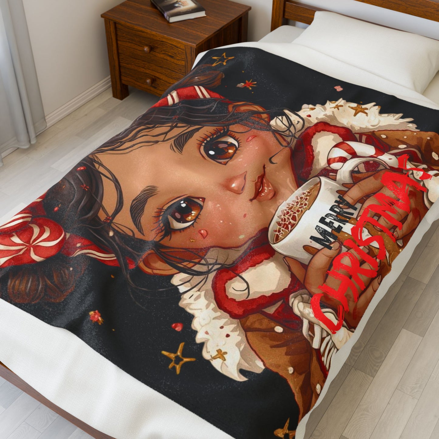 Holiday Plush Blanket — Cute Girl Holding ‘Merry Christmas’ Cocoa Velveteen Throw