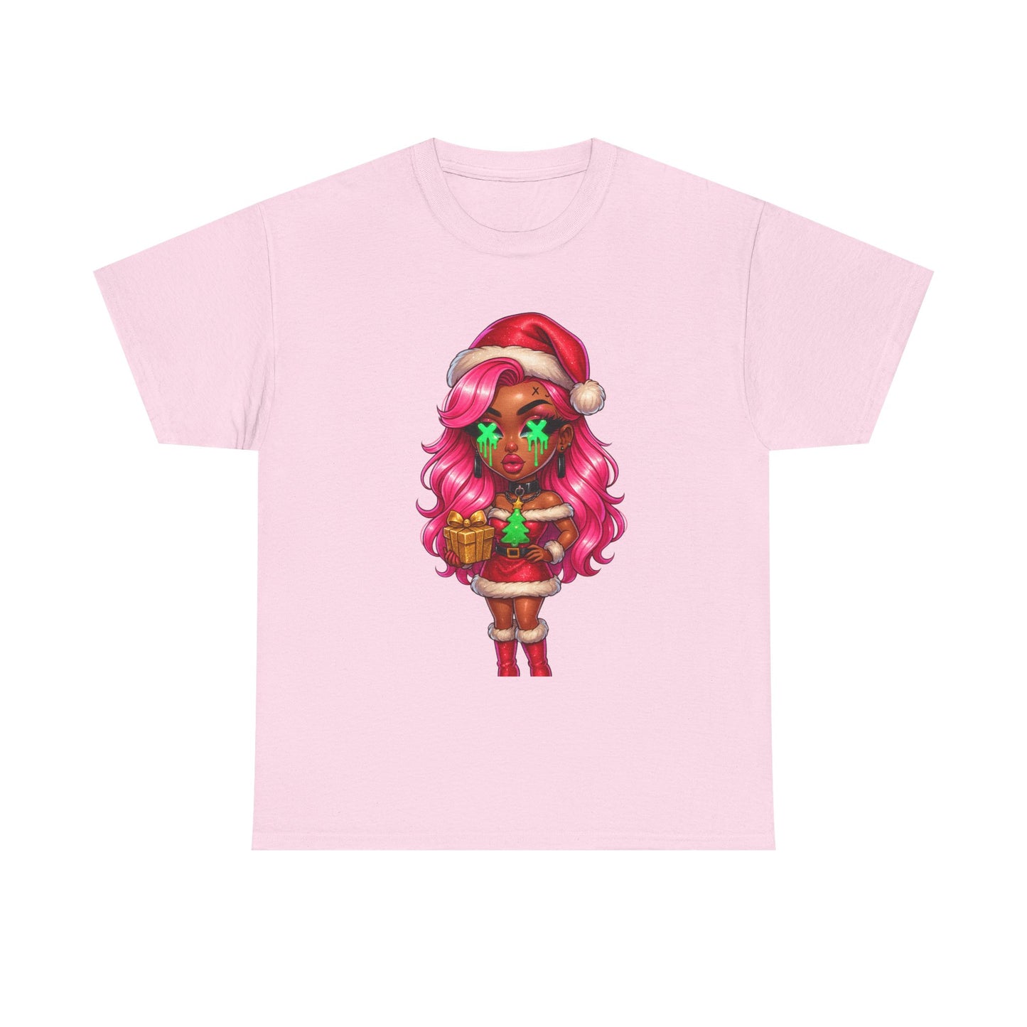 Black Santa Girl, T-Shirt | Christmas Pinup, Pink Hair, Holiday Cute