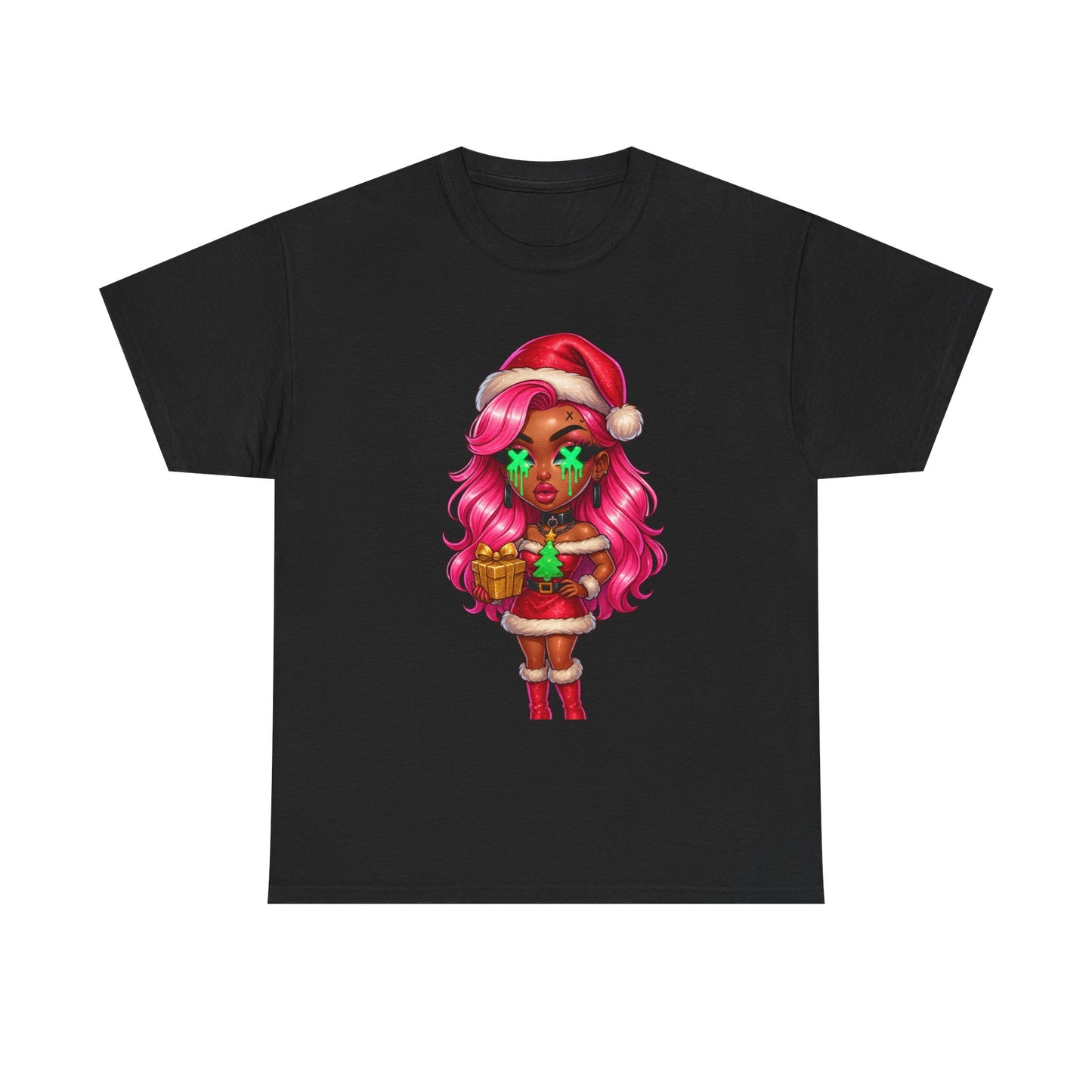 Black Santa Girl, T-Shirt | Christmas Pinup, Pink Hair, Holiday Cute