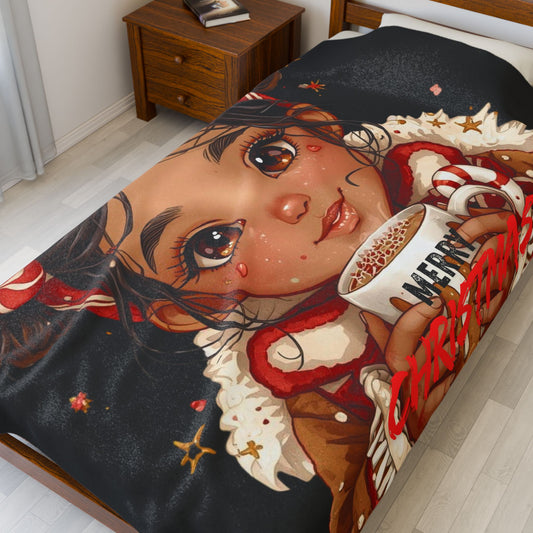 Holiday Plush Blanket — Cute Girl Holding ‘Merry Christmas’ Cocoa Velveteen Throw