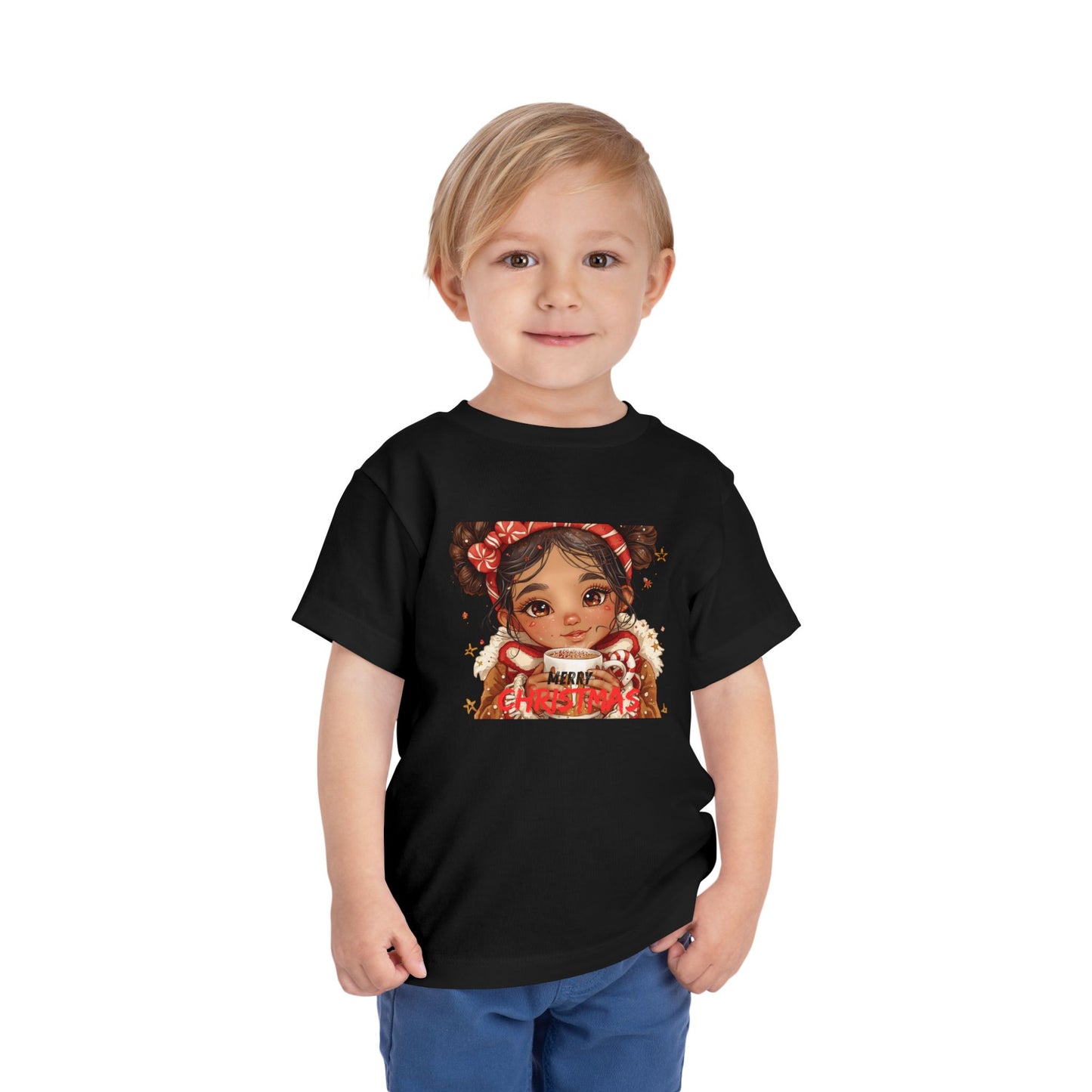 Toddler Tee — Cute Girl Holding Hot Cocoa Illustration (Holiday Cozy Kids Shirt)