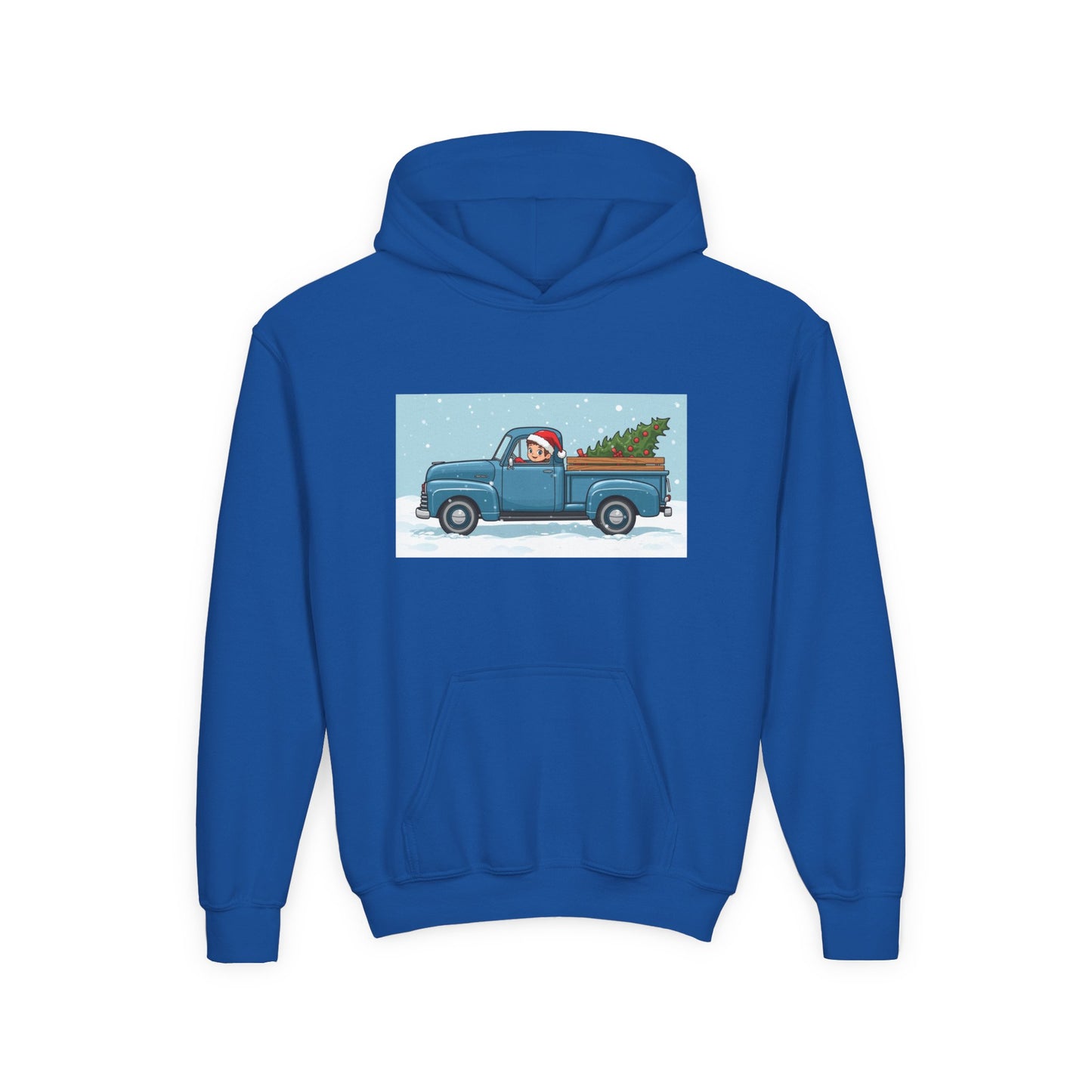 Kids Christmas Truck Hoodie — Santa Driving Blue Pickup with Tree Holiday Sweatshirt