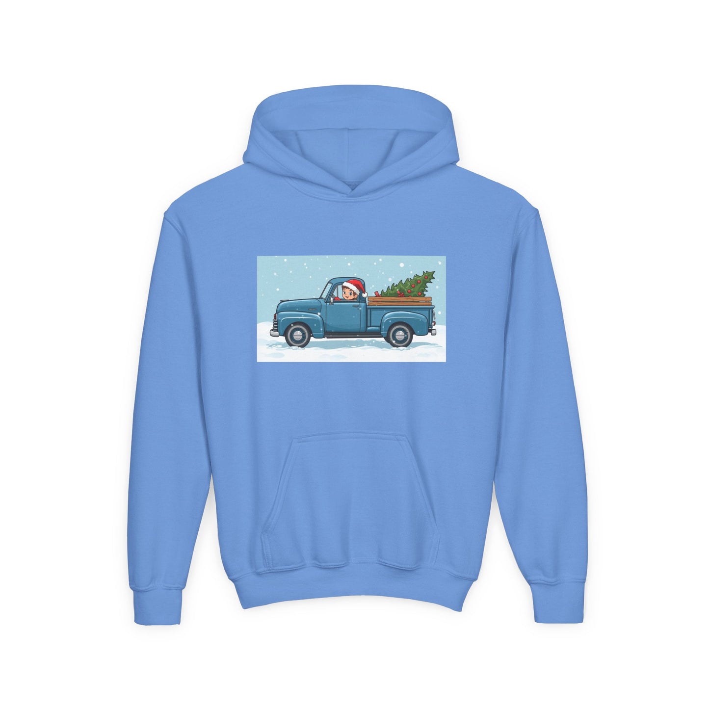 Kids Christmas Truck Hoodie — Santa Driving Blue Pickup with Tree Holiday Sweatshirt