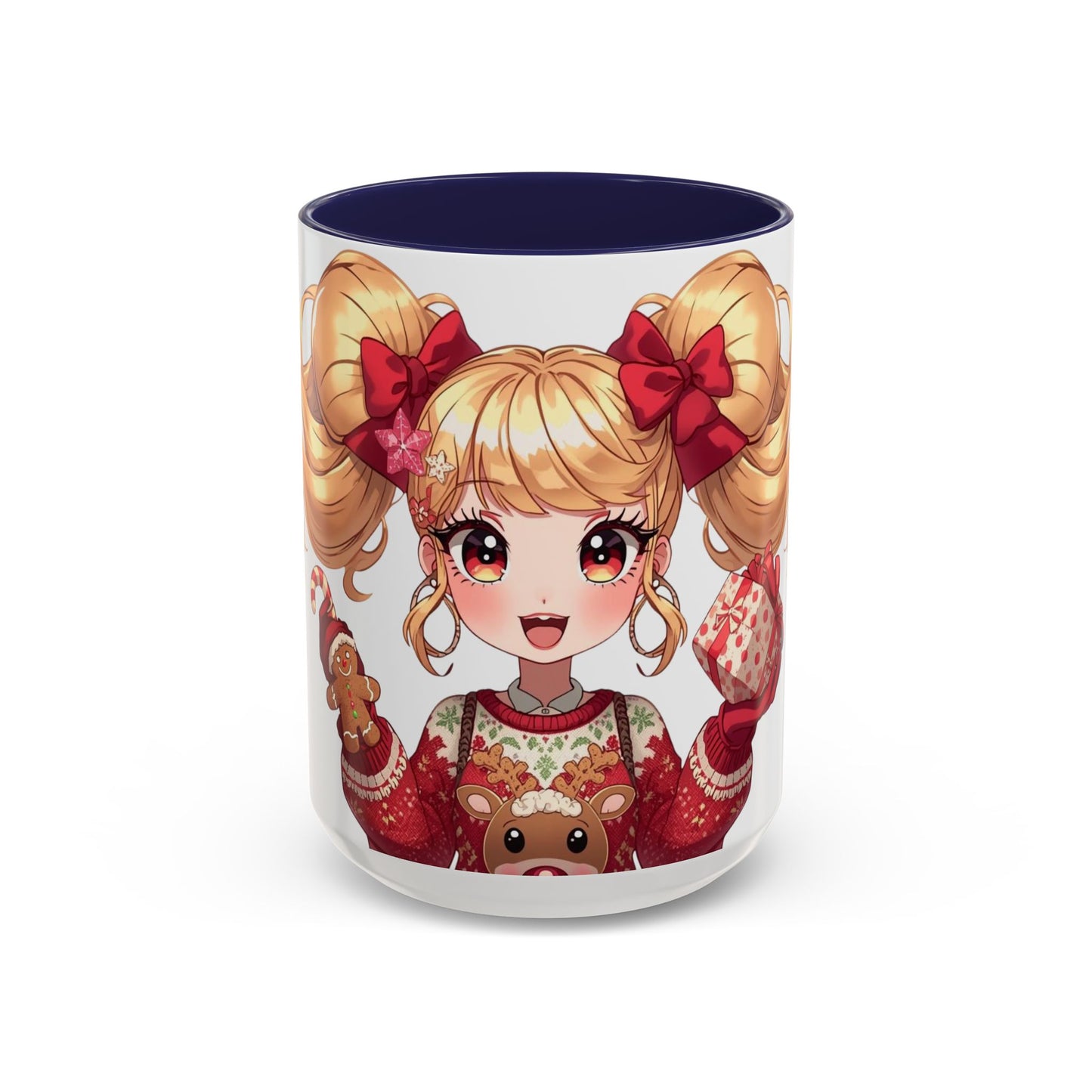 Cute Anime Girl Christmas Accent Coffee Mug — Holiday Sweater & Reindeer (11/15oz)