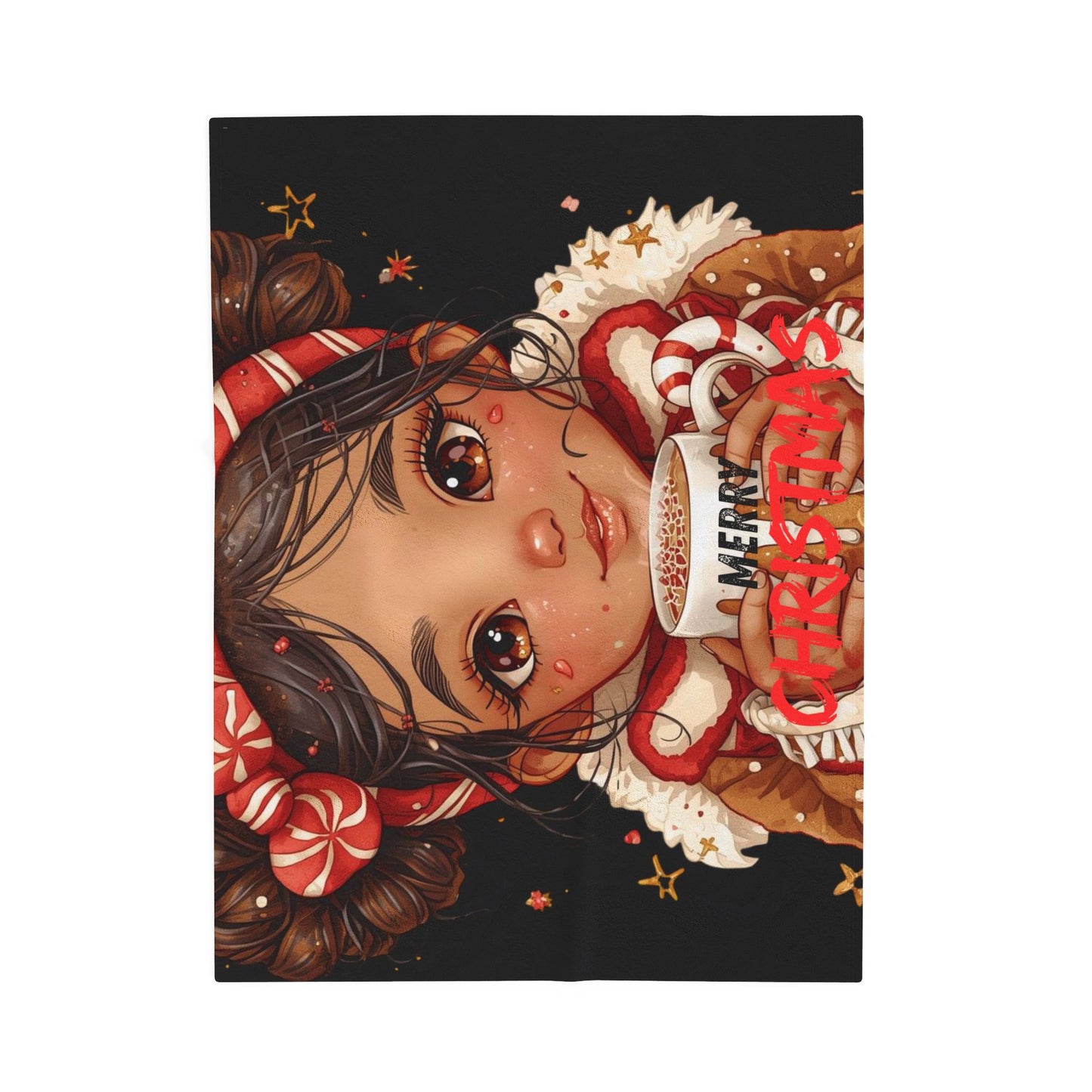 Holiday Plush Blanket — Cute Girl Holding ‘Merry Christmas’ Cocoa Velveteen Throw