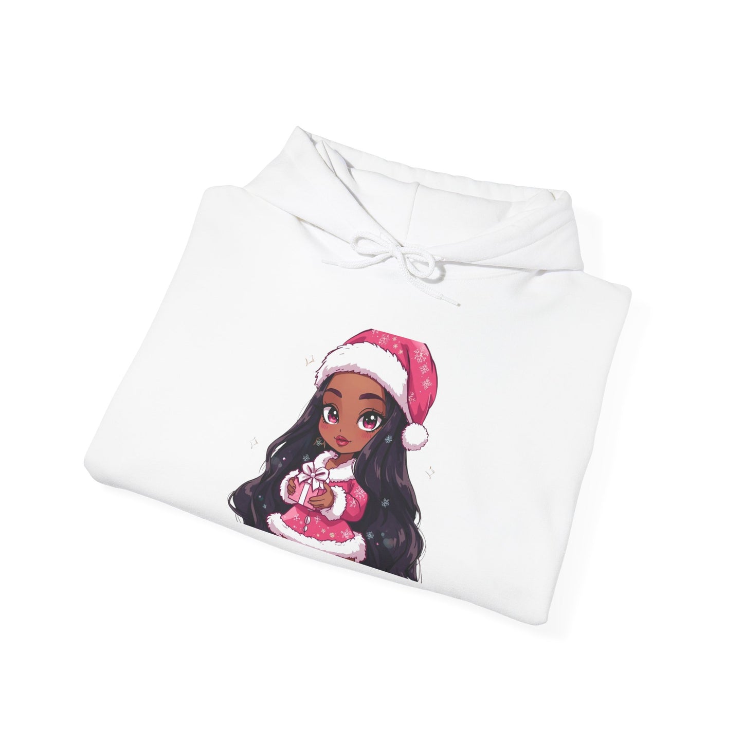 Christmas Girl Hoodie — Cute Black Girl Santa with Gift Holiday Sweatshirt/