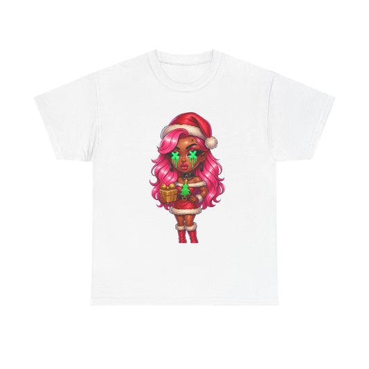 Black Santa Girl, T-Shirt | Christmas Pinup, Pink Hair, Holiday Cute