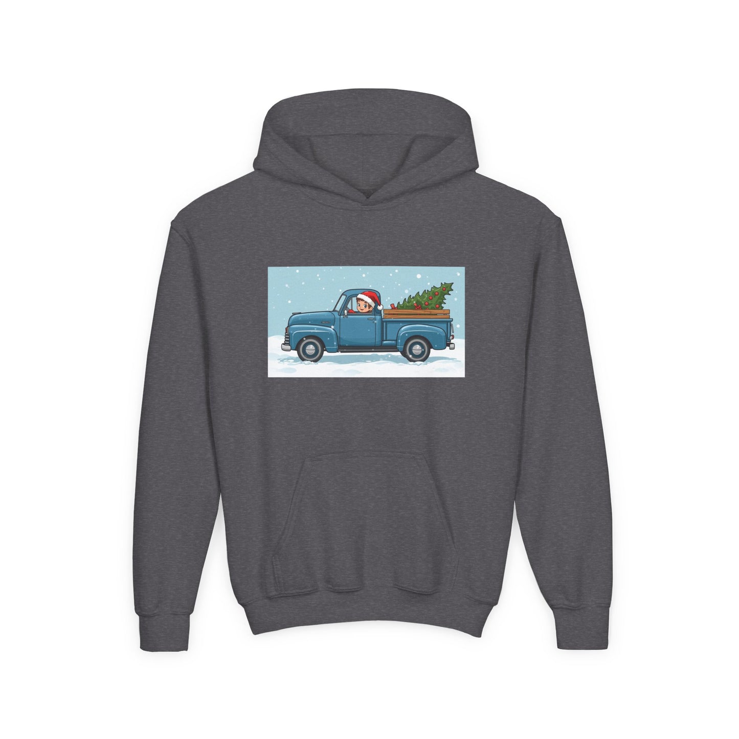 Kids Christmas Truck Hoodie — Santa Driving Blue Pickup with Tree Holiday Sweatshirt