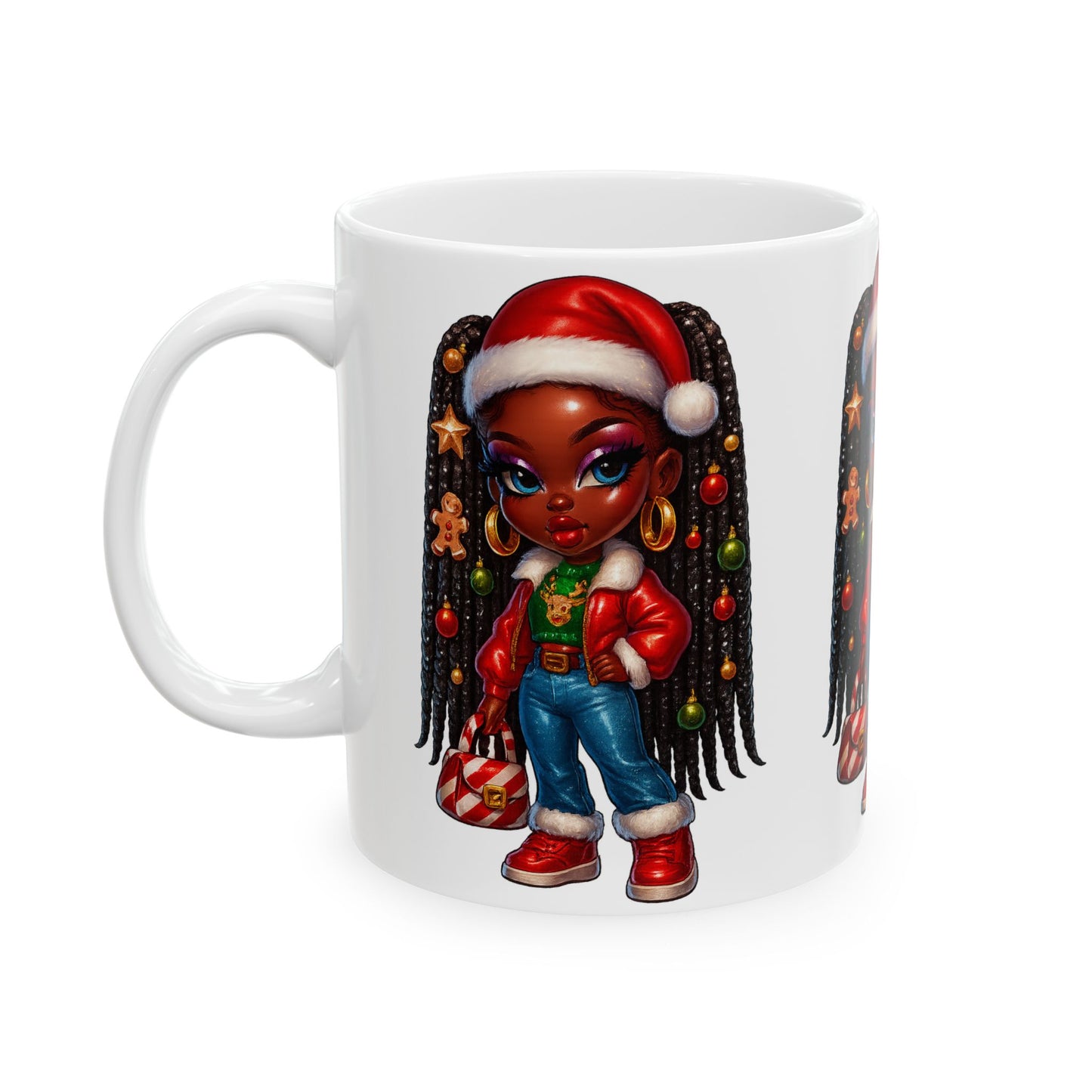 Christmas Girl Ceramic Mug – Cute Black Girl with Santa Hat Holiday Coffee Cup (11oz/15oz)