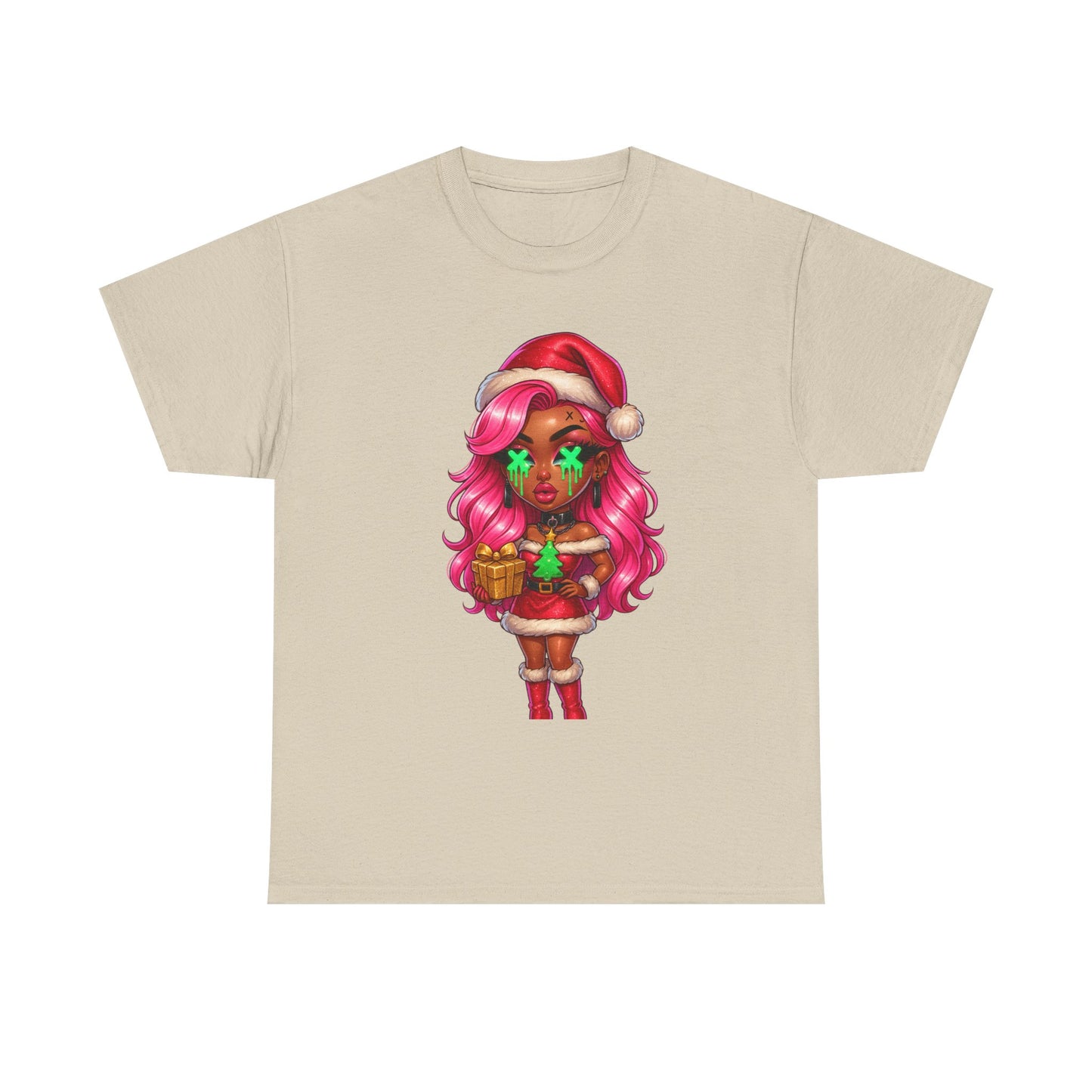 Black Santa Girl, T-Shirt | Christmas Pinup, Pink Hair, Holiday Cute