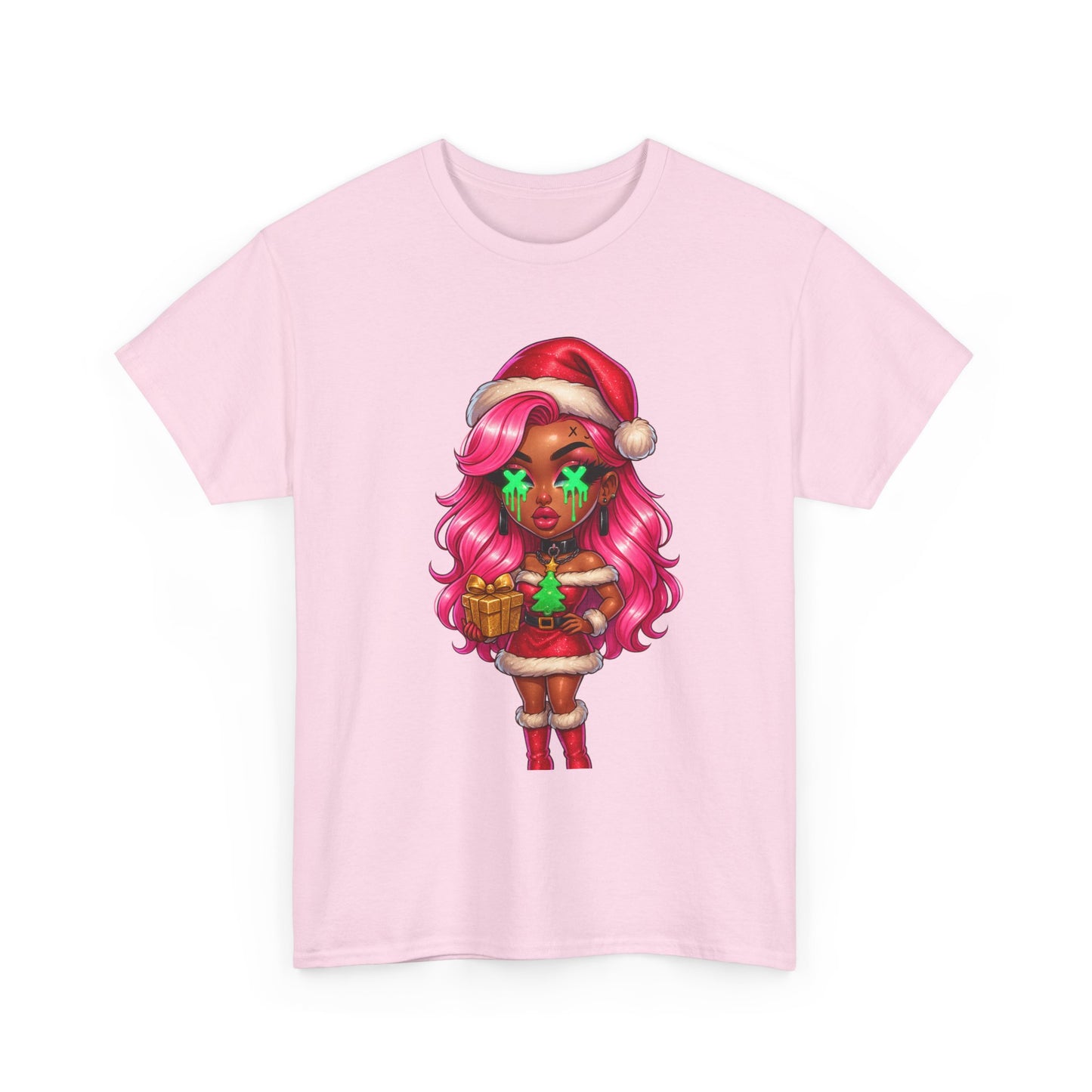 Black Santa Girl, T-Shirt | Christmas Pinup, Pink Hair, Holiday Cute