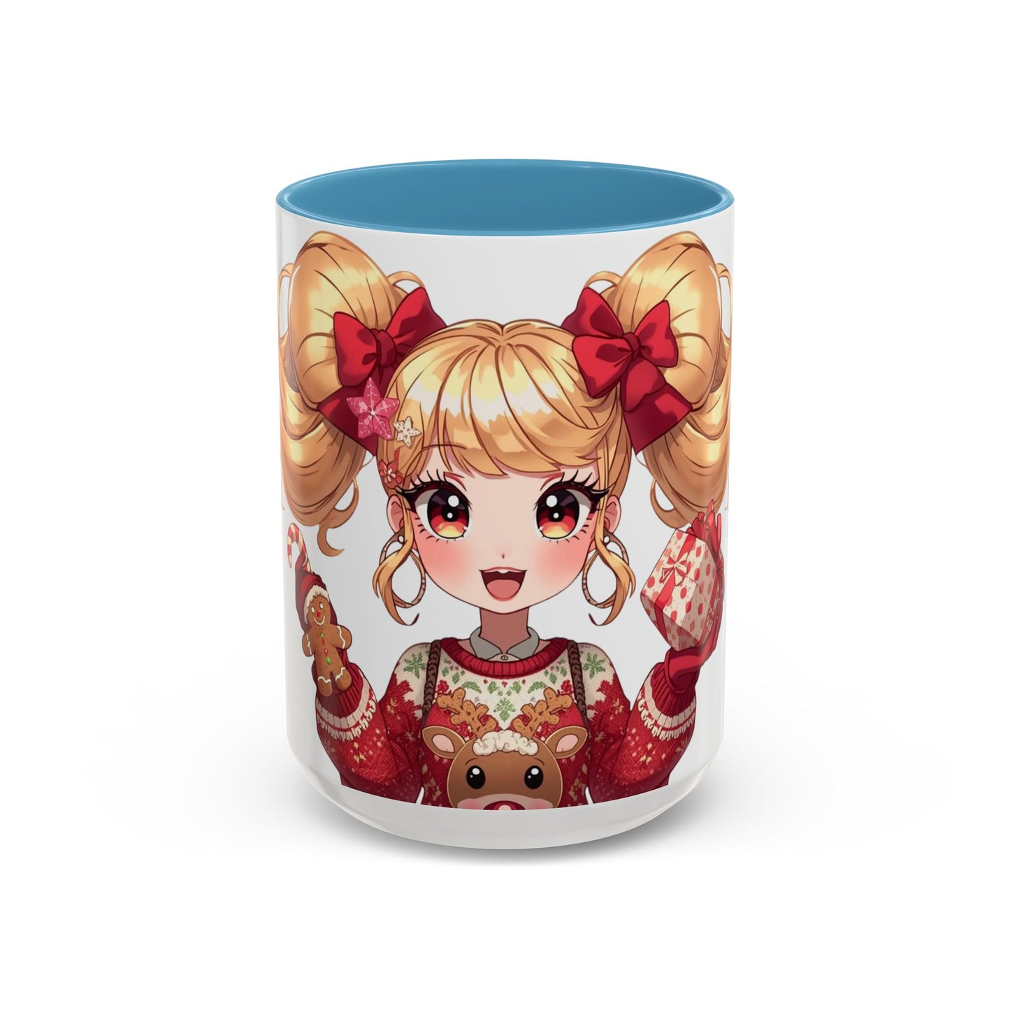 Cute Anime Girl Christmas Accent Coffee Mug — Holiday Sweater & Reindeer (11/15oz)