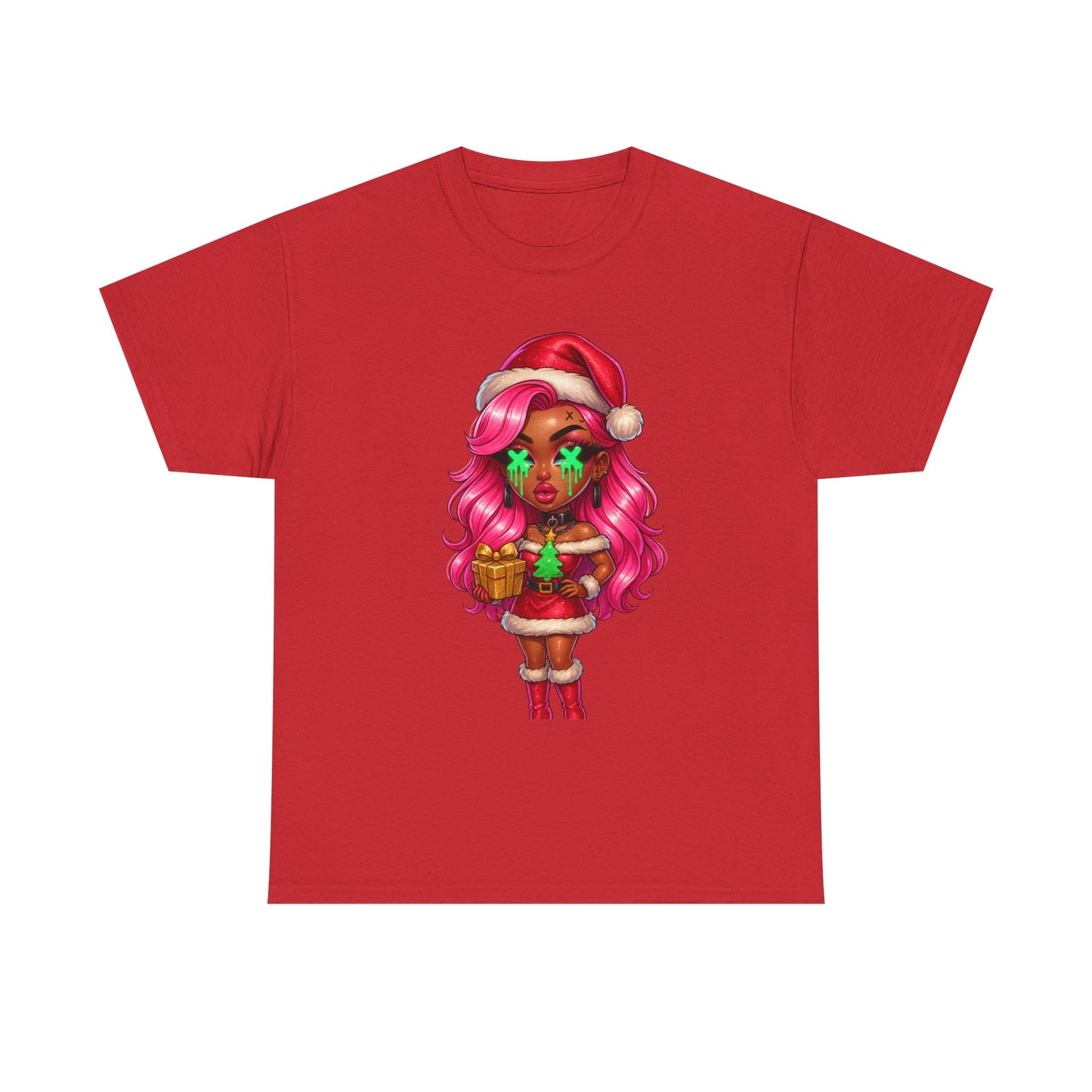 Black Santa Girl, T-Shirt | Christmas Pinup, Pink Hair, Holiday Cute