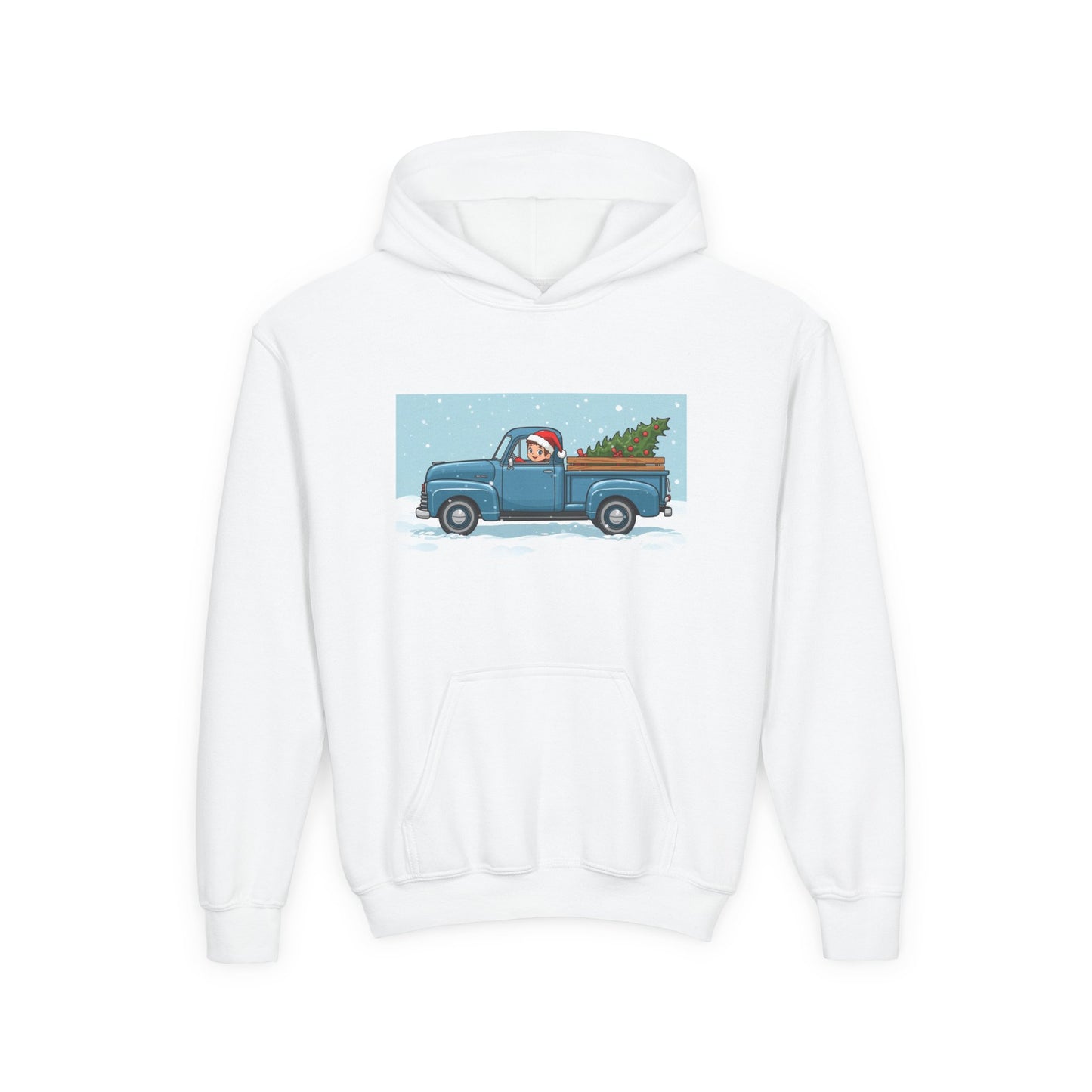 Kids Christmas Truck Hoodie — Santa Driving Blue Pickup with Tree Holiday Sweatshirt
