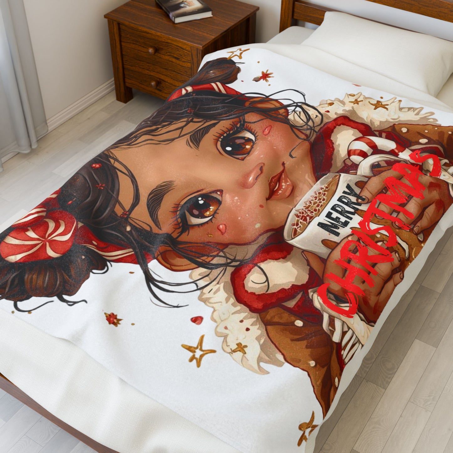 Holiday Plush Blanket ‘Merry Christmas’ Velveteen Throw(White)