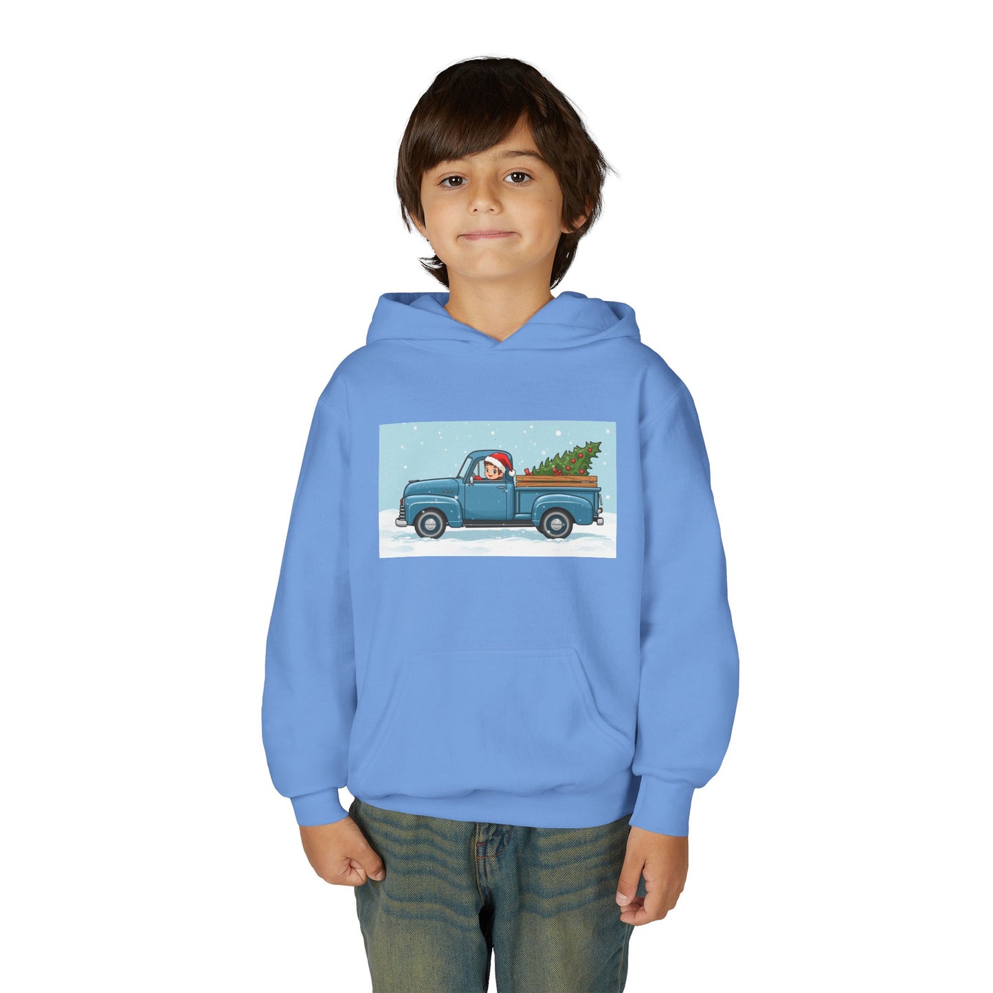 Kids Christmas Truck Hoodie — Santa Driving Blue Pickup with Tree Holiday Sweatshirt