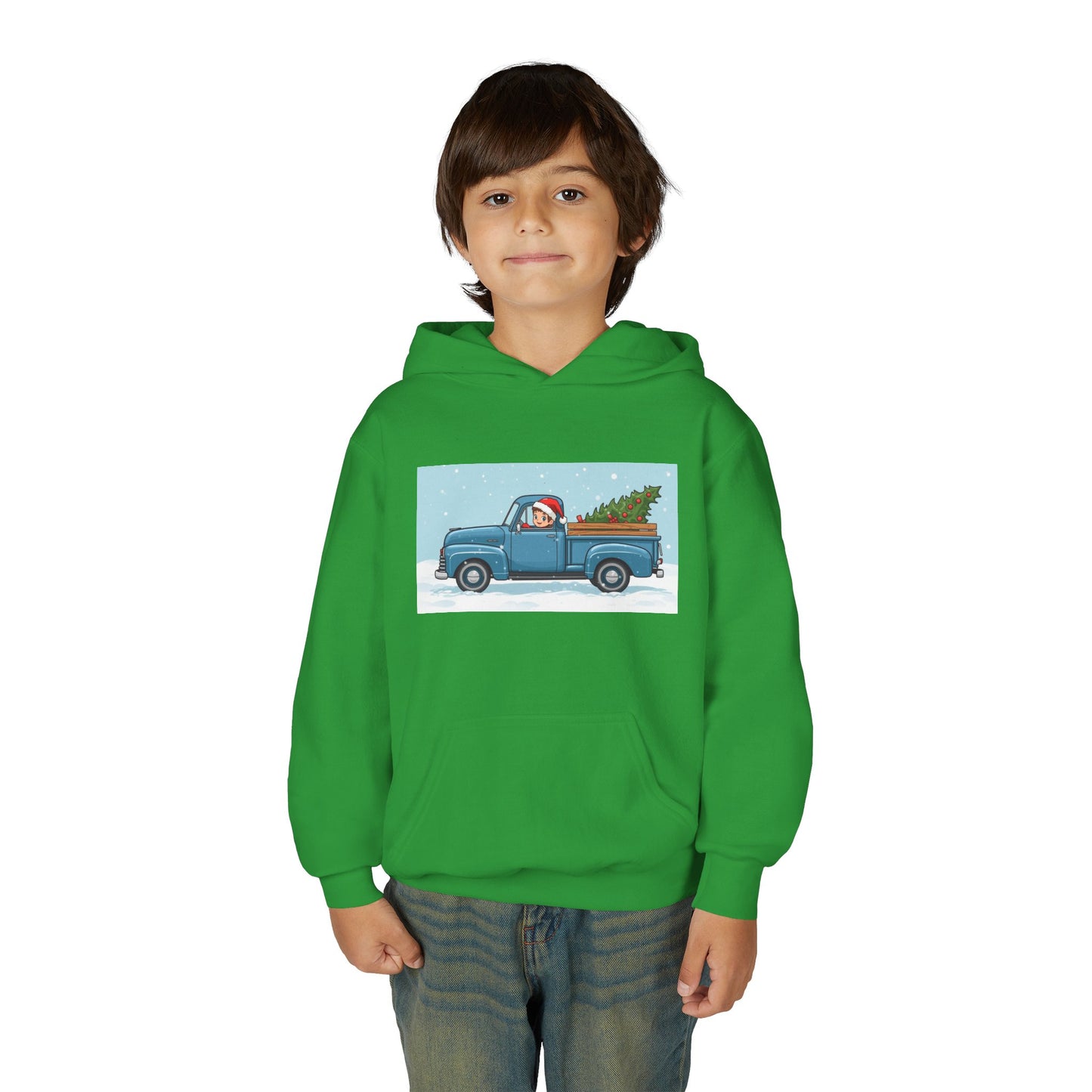 Kids Christmas Truck Hoodie — Santa Driving Blue Pickup with Tree Holiday Sweatshirt