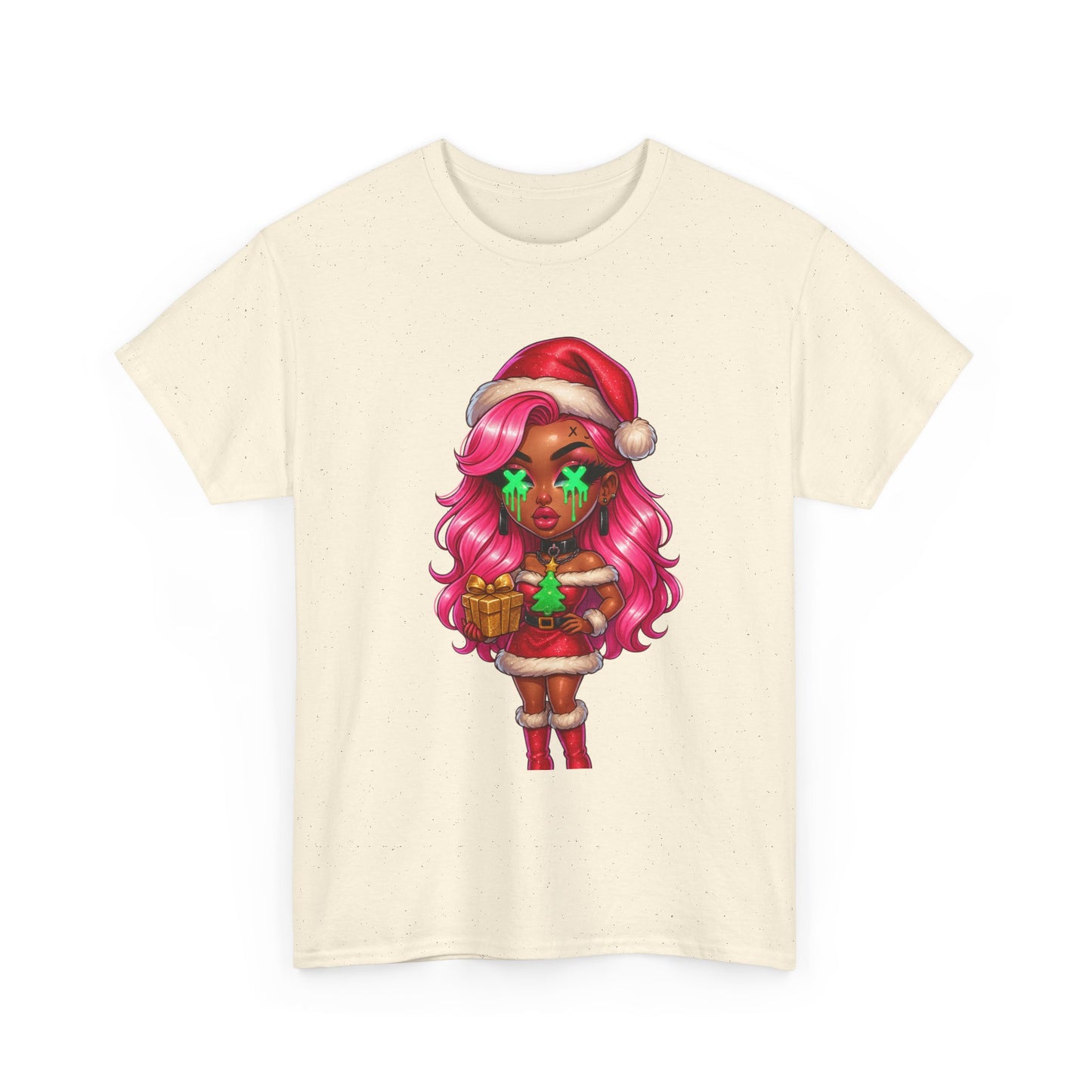 Black Santa Girl, T-Shirt | Christmas Pinup, Pink Hair, Holiday Cute