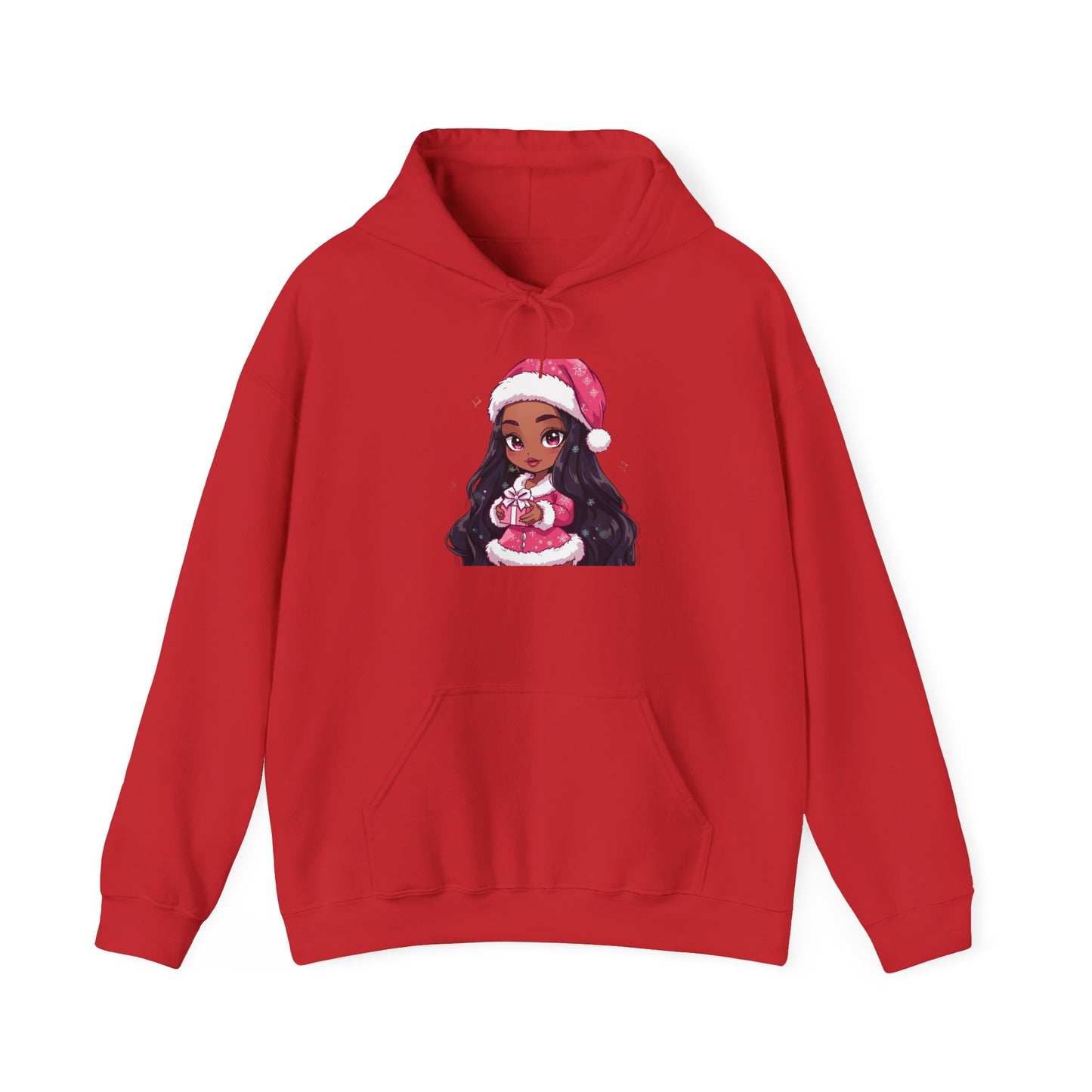 Christmas Girl Hoodie — Cute Black Girl Santa with Gift Holiday Sweatshirt/