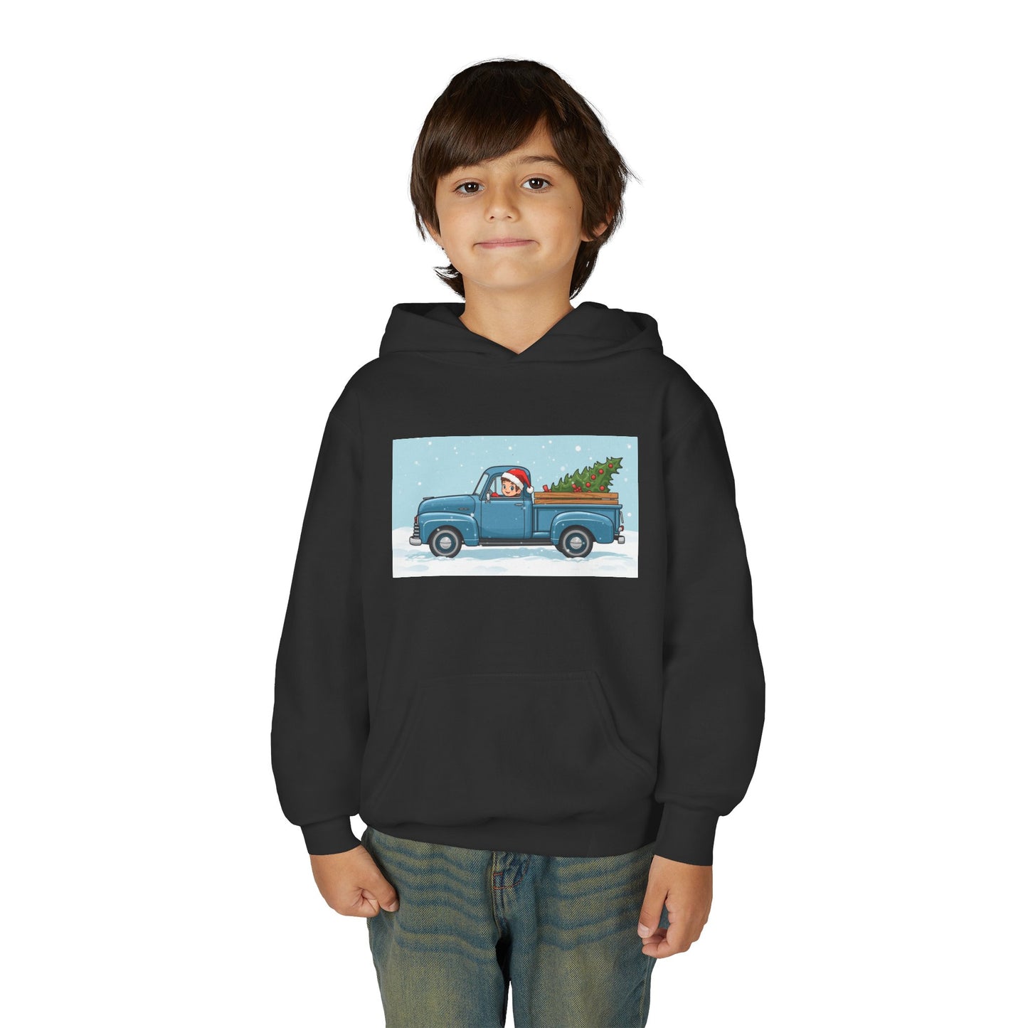Kids Christmas Truck Hoodie — Santa Driving Blue Pickup with Tree Holiday Sweatshirt