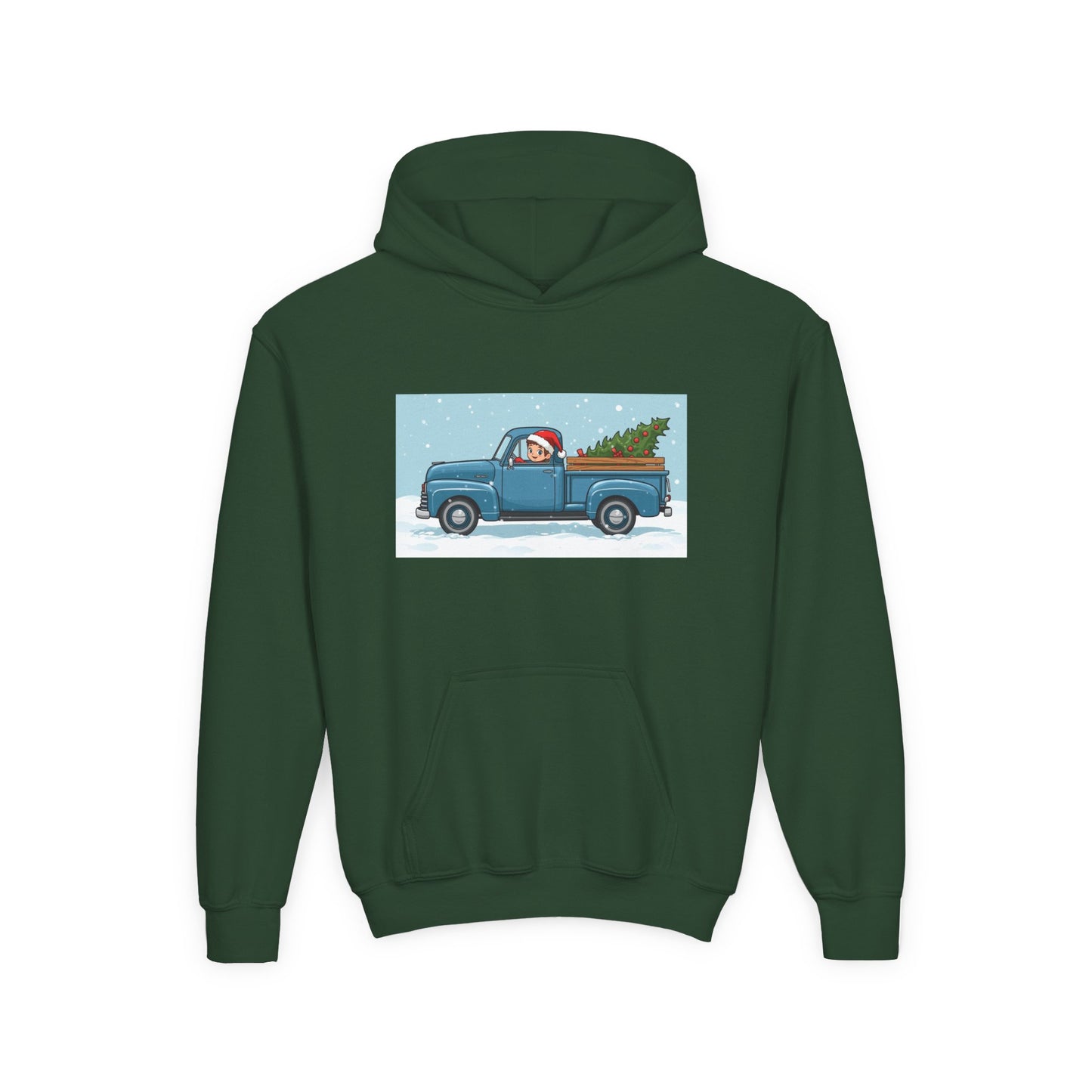 Kids Christmas Truck Hoodie — Santa Driving Blue Pickup with Tree Holiday Sweatshirt