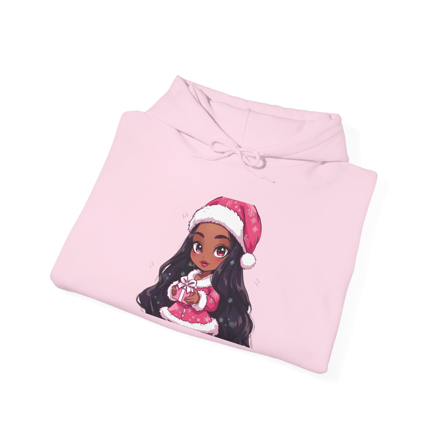 Christmas Girl Hoodie — Cute Black Girl Santa with Gift Holiday Sweatshirt/