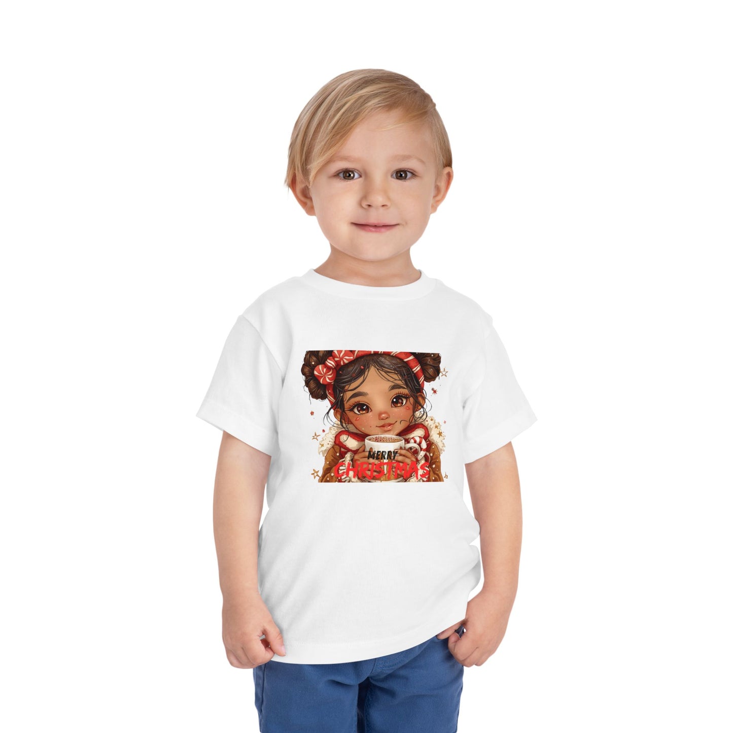 Toddler Tee — Cute Girl Holding Hot Cocoa Illustration (Holiday Cozy Kids Shirt)
