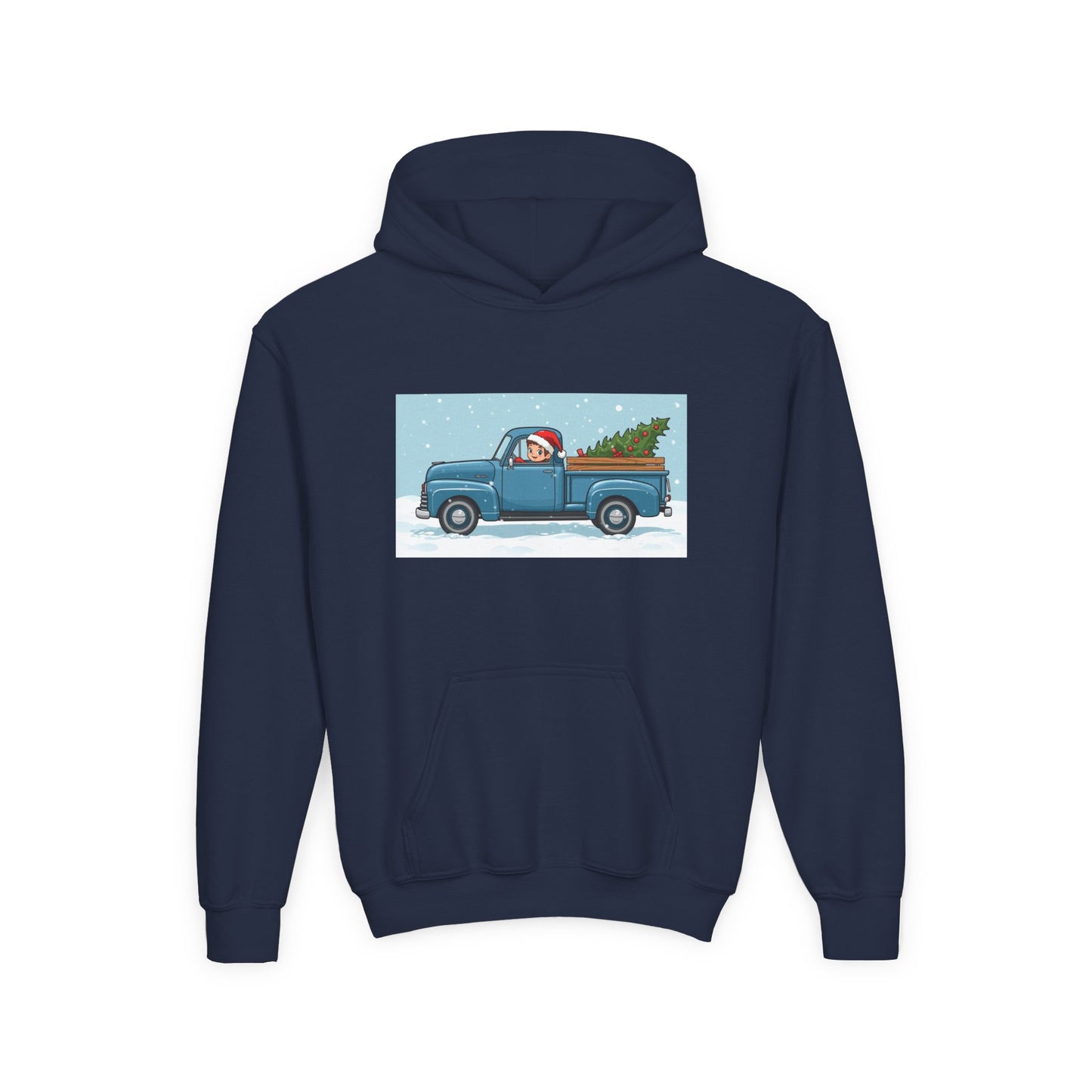 Kids Christmas Truck Hoodie — Santa Driving Blue Pickup with Tree Holiday Sweatshirt