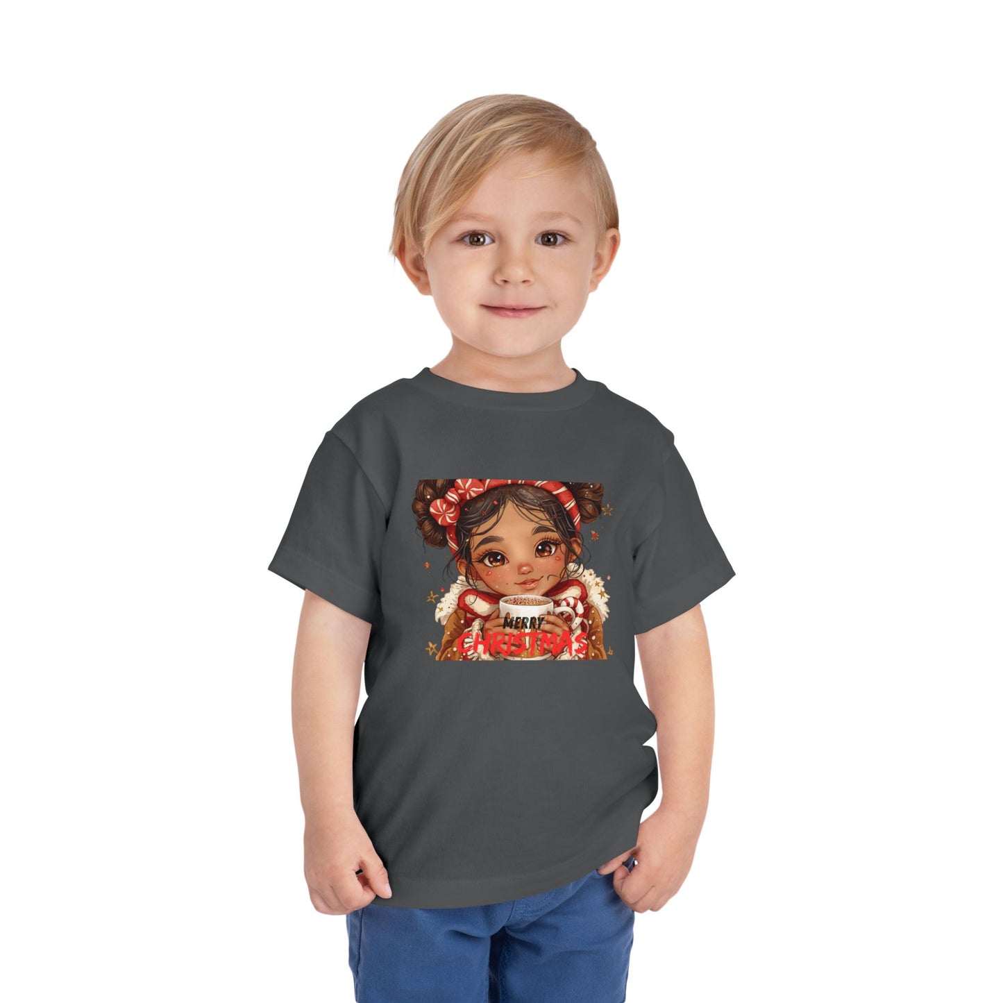 Toddler Tee — Cute Girl Holding Hot Cocoa Illustration (Holiday Cozy Kids Shirt)