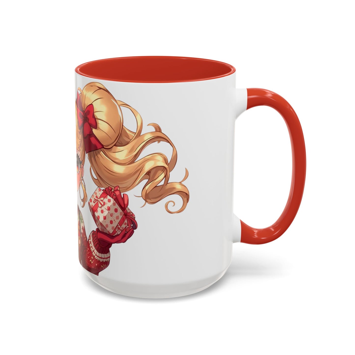 Cute Anime Girl Christmas Accent Coffee Mug — Holiday Sweater & Reindeer (11/15oz)