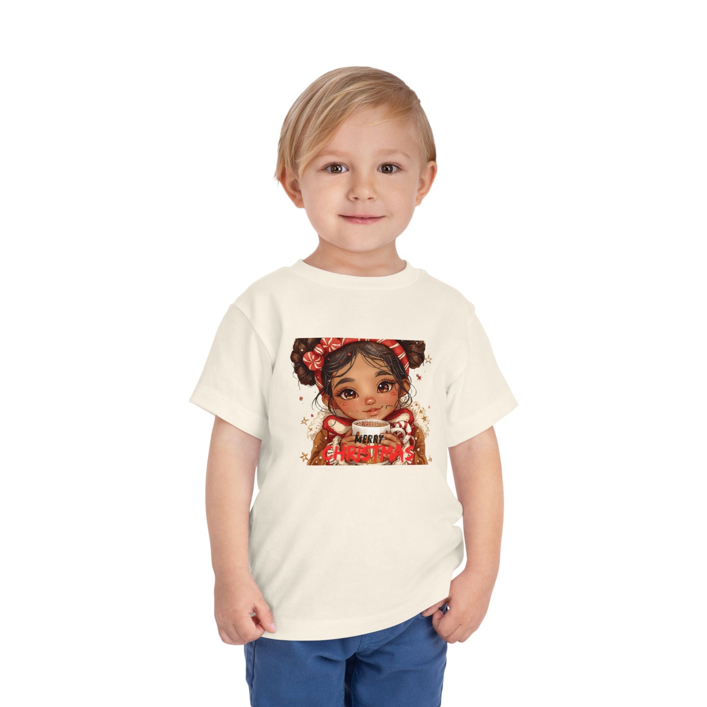 Toddler Tee — Cute Girl Holding Hot Cocoa Illustration (Holiday Cozy Kids Shirt)
