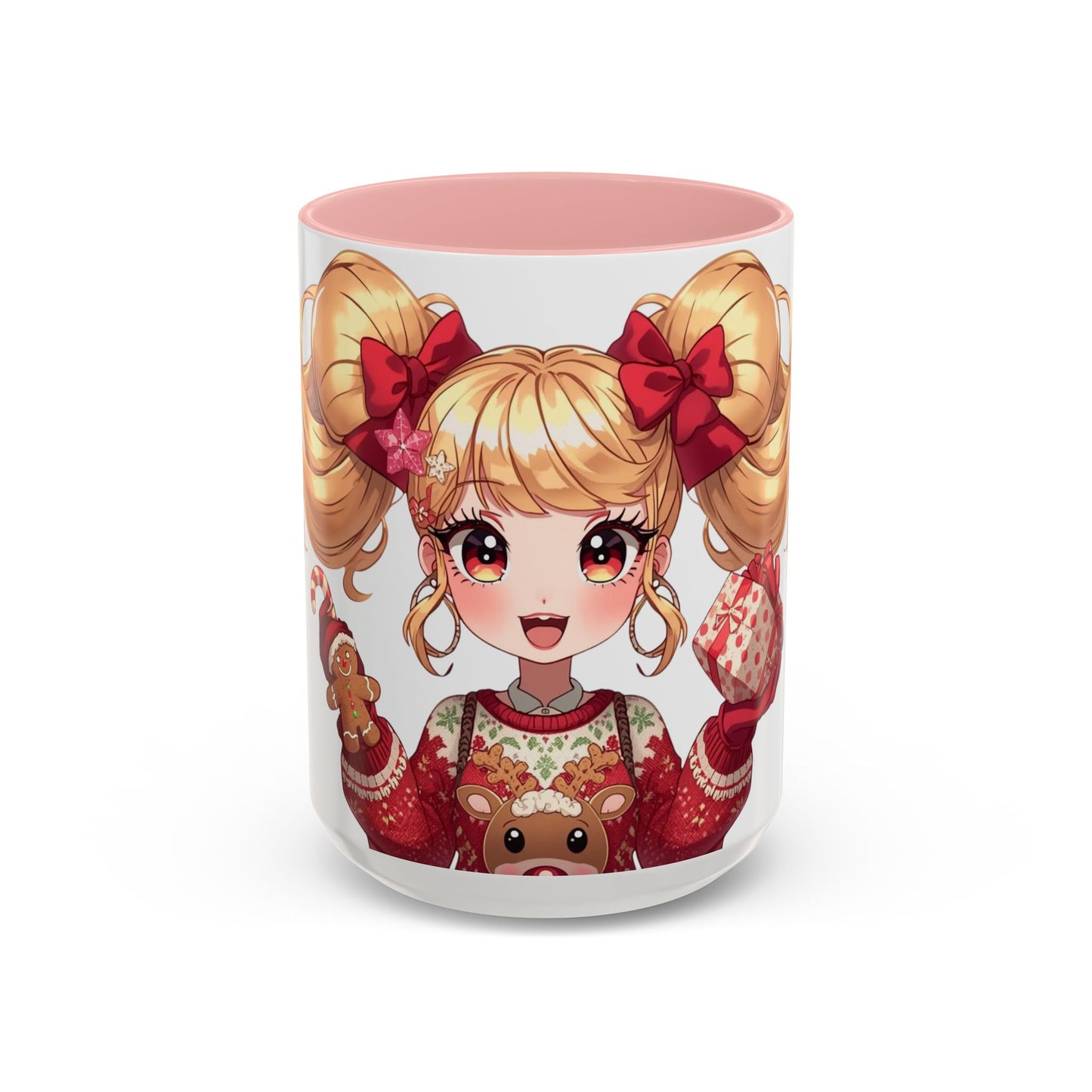 Cute Anime Girl Christmas Accent Coffee Mug — Holiday Sweater & Reindeer (11/15oz)