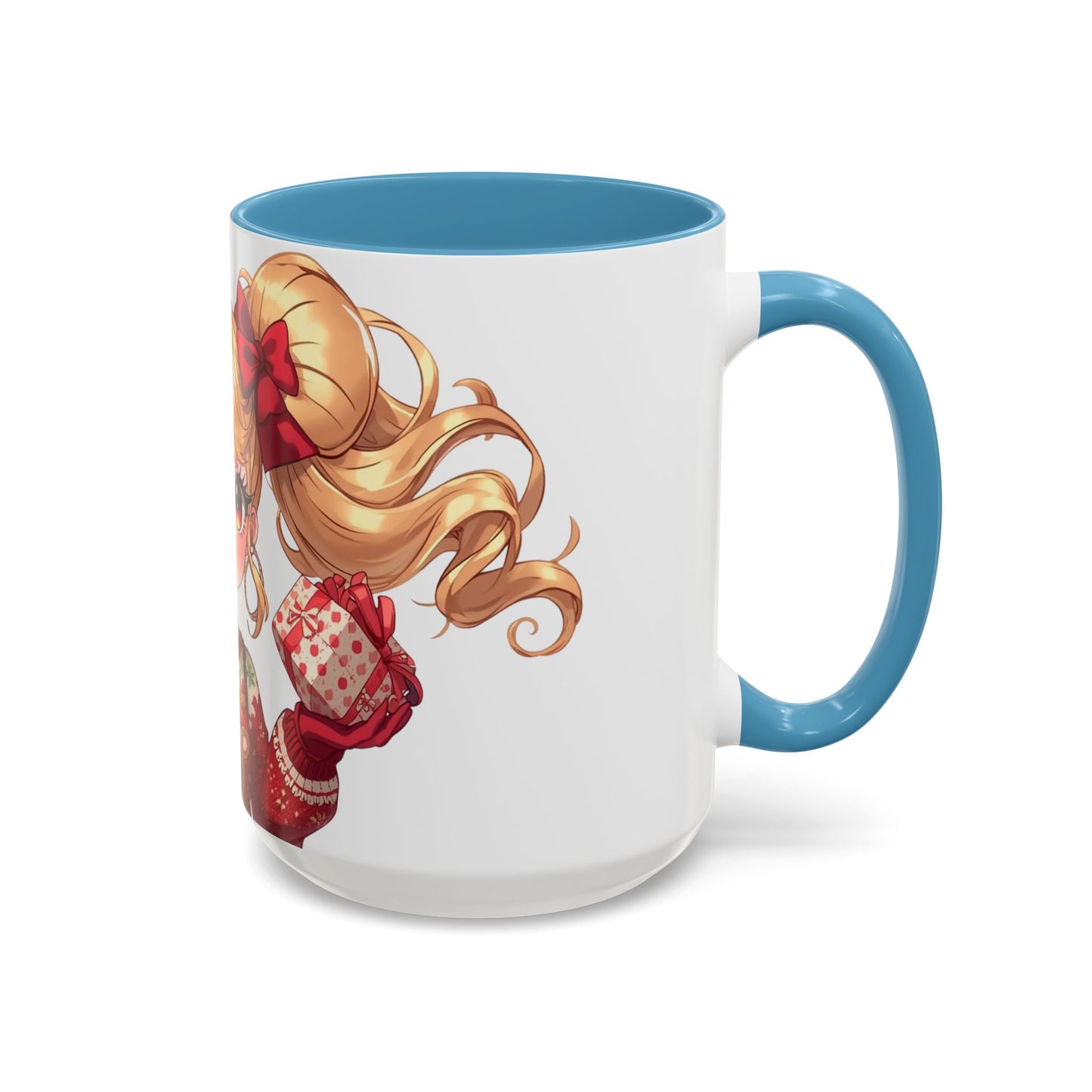 Cute Anime Girl Christmas Accent Coffee Mug — Holiday Sweater & Reindeer (11/15oz)