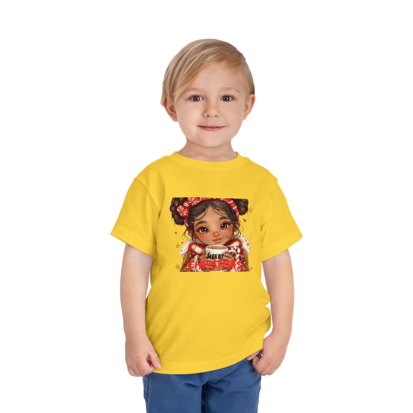 Toddler Tee — Cute Girl Holding Hot Cocoa Illustration (Holiday Cozy Kids Shirt)