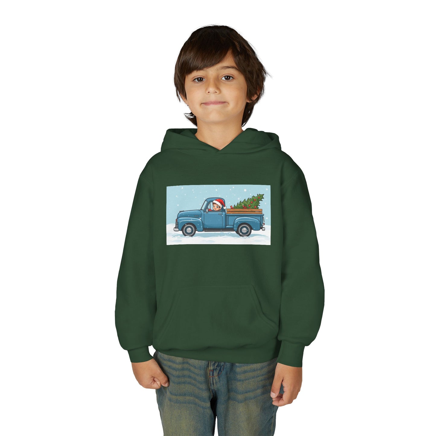 Kids Christmas Truck Hoodie — Santa Driving Blue Pickup with Tree Holiday Sweatshirt