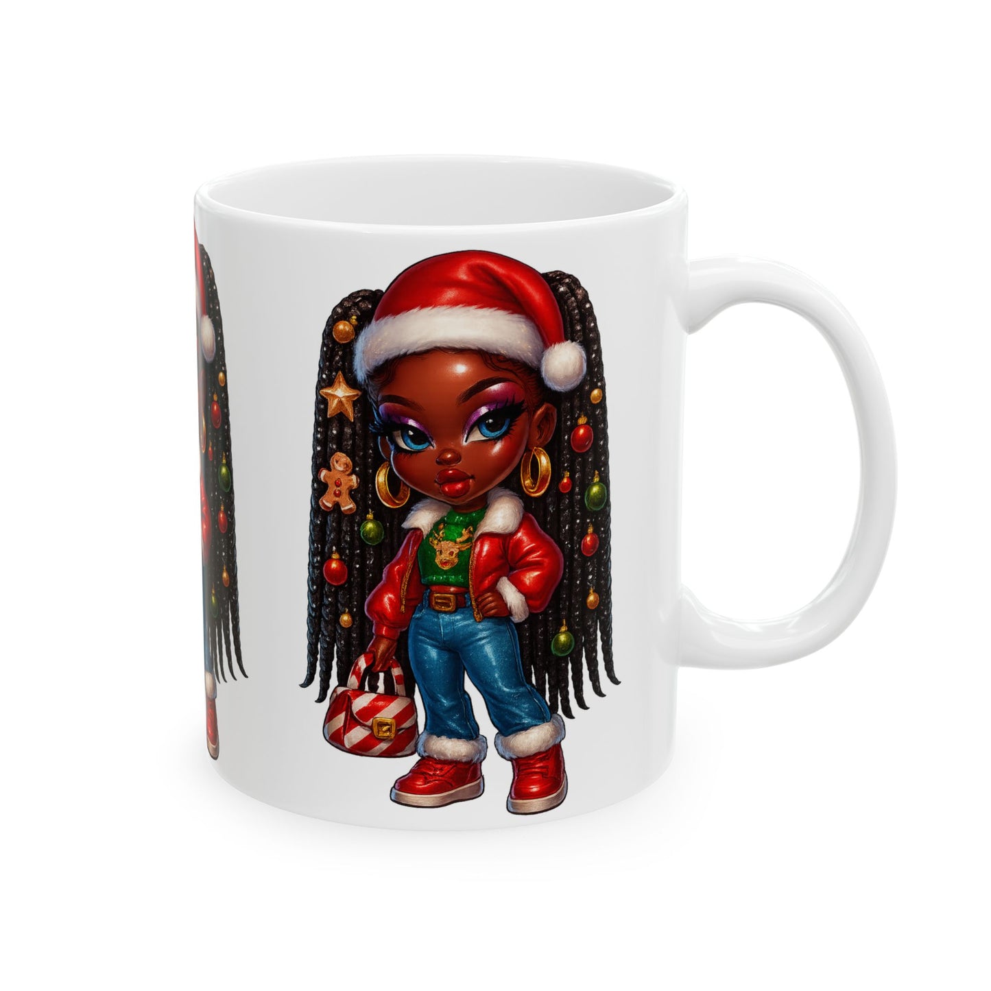 Christmas Girl Ceramic Mug – Cute Black Girl with Santa Hat Holiday Coffee Cup (11oz/15oz)